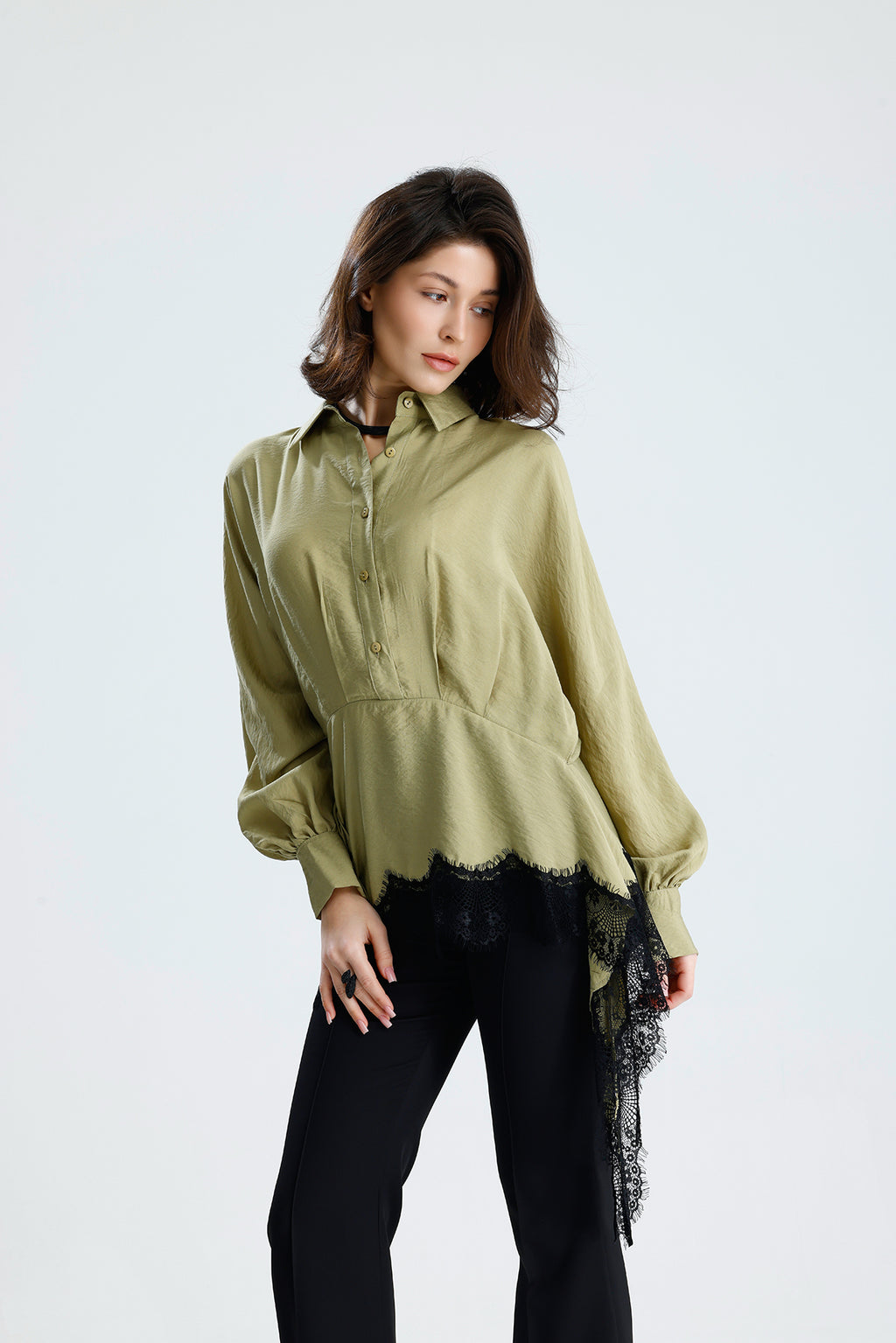 Green Asymmetric Lace Detail Blouse