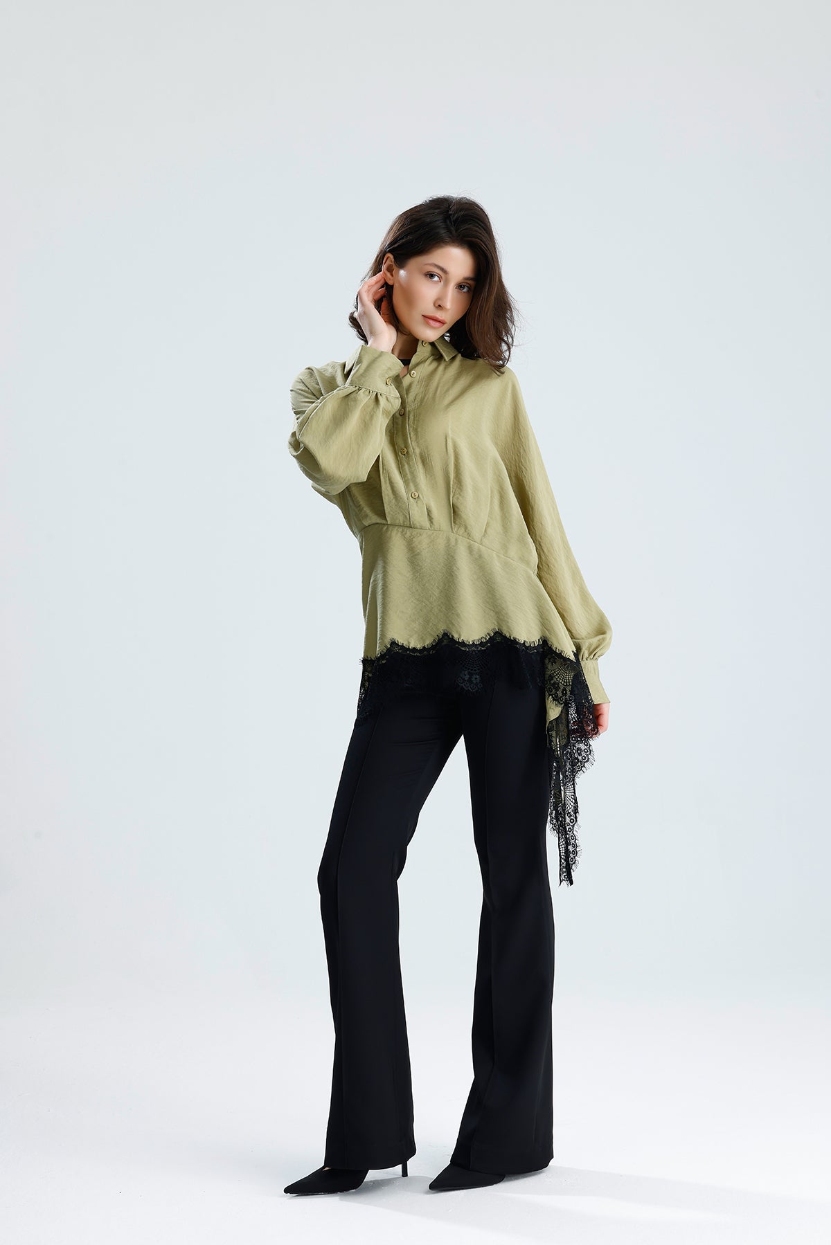 Green Asymmetric Lace Detail Blouse