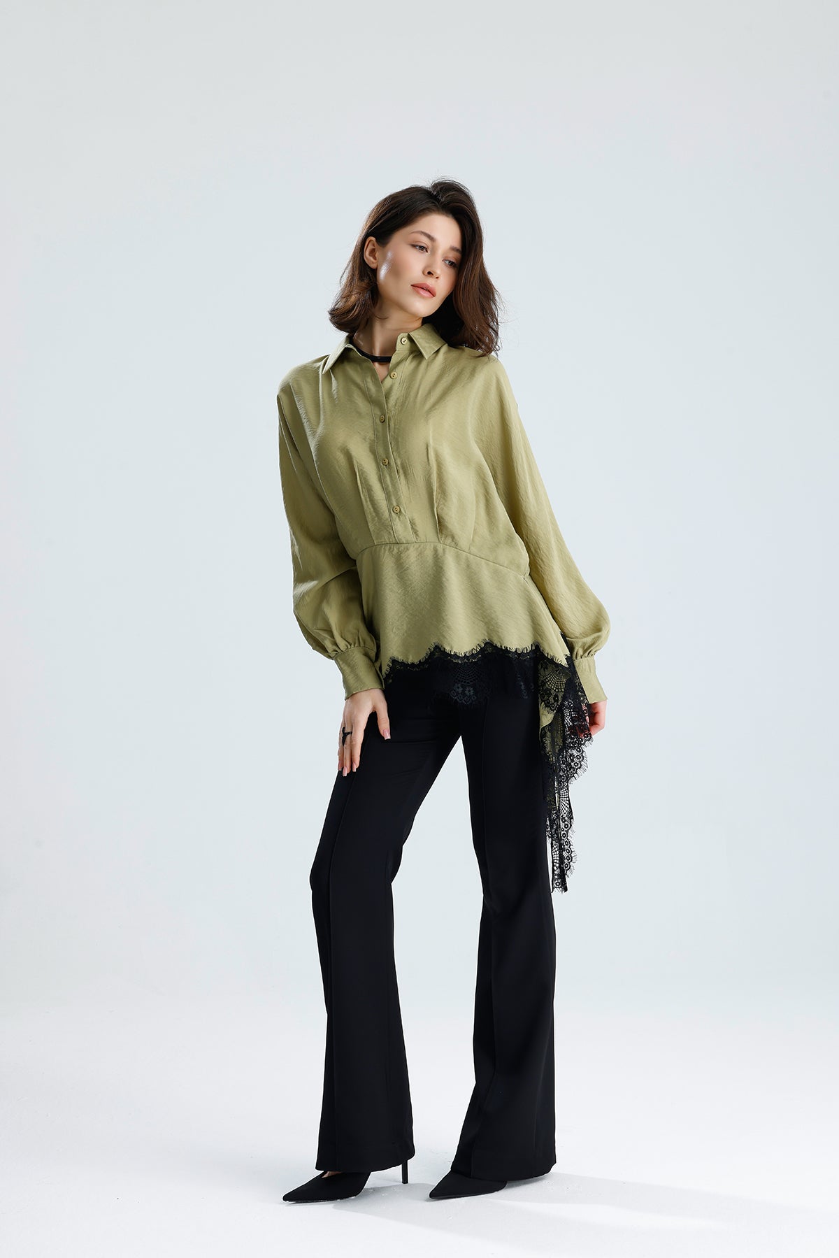 Green Asymmetric Lace Detail Blouse
