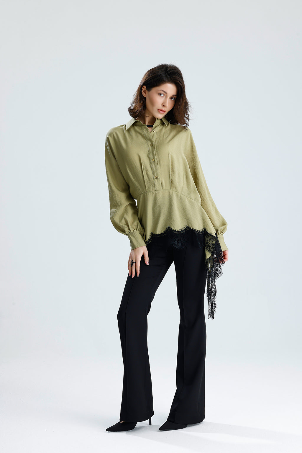 Green Asymmetric Lace Detail Blouse