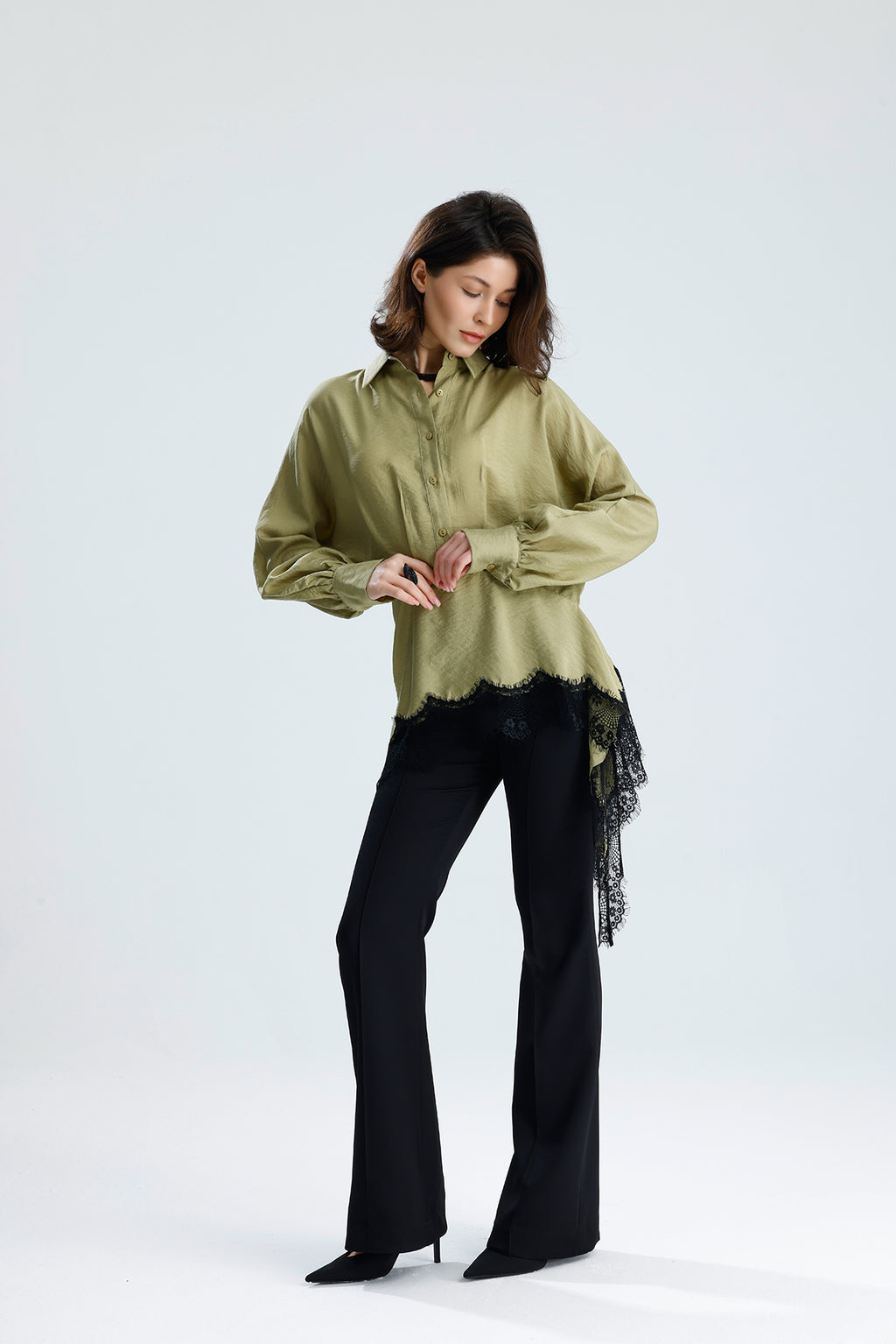 Green Asymmetric Lace Detail Blouse