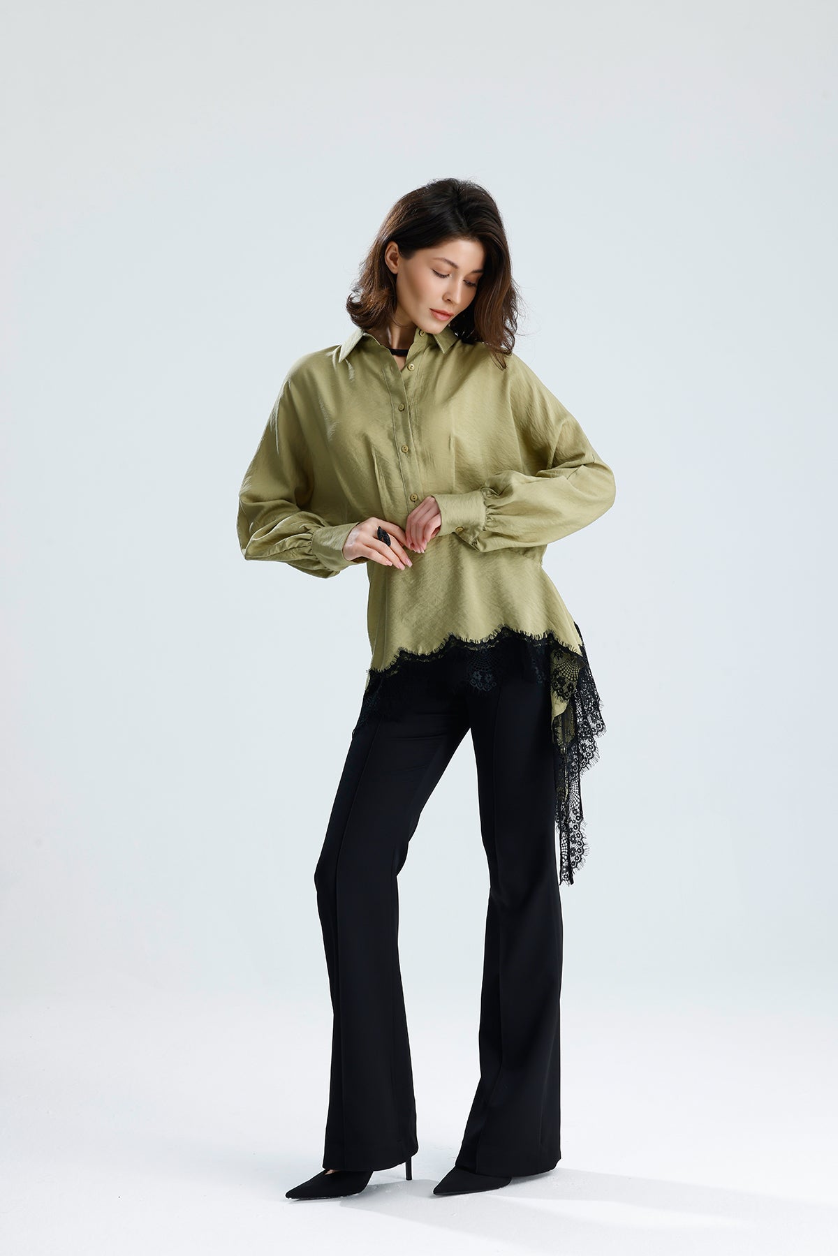 Green Asymmetric Lace Detail Blouse