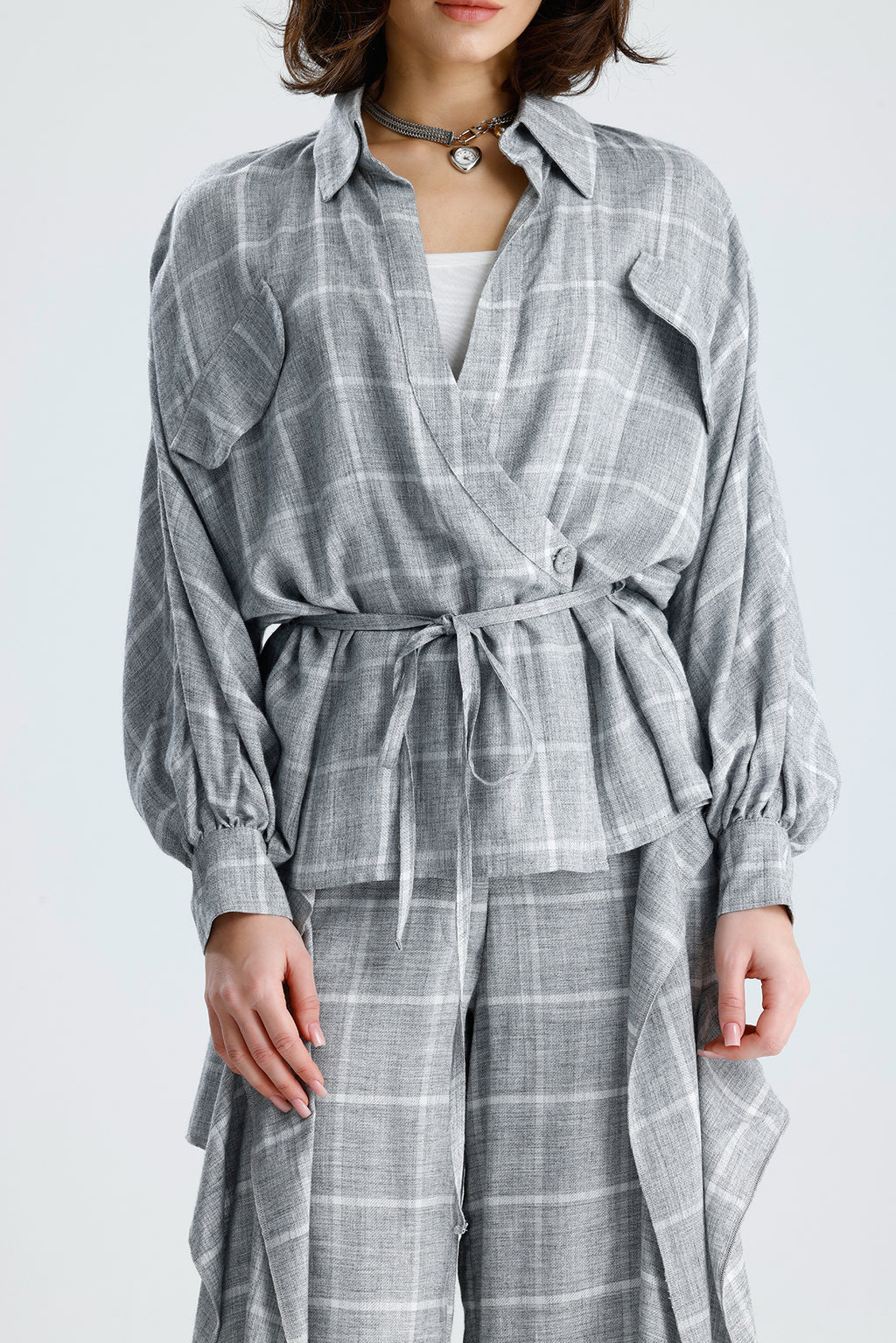 Gray Checked Wrap Blouse