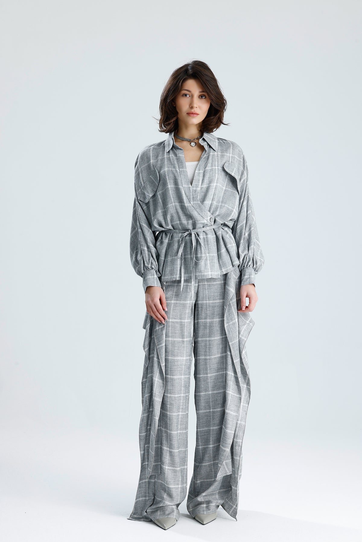 Gray Checked Wrap Blouse
