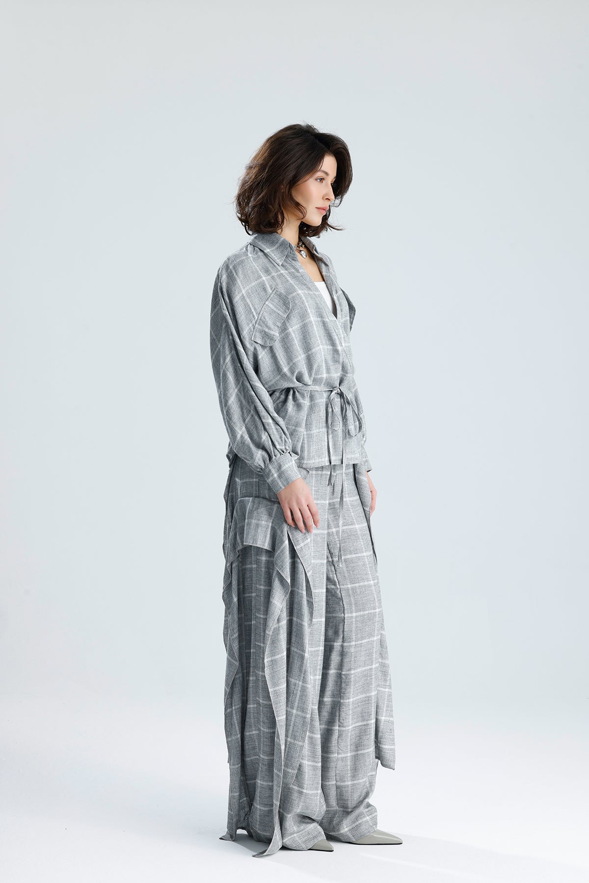 Gray Checked Wrap Blouse
