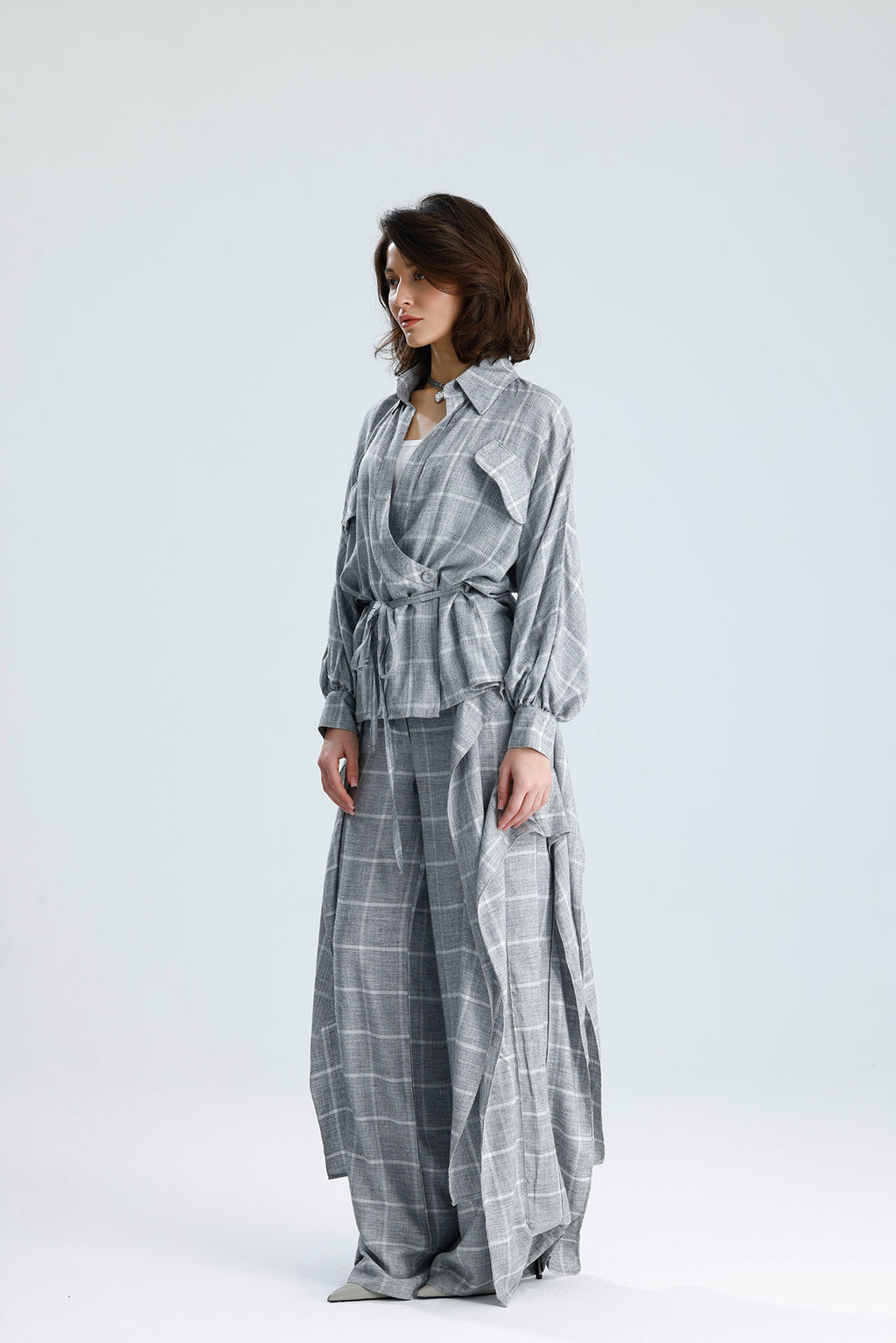 Gray Checked Wrap Blouse