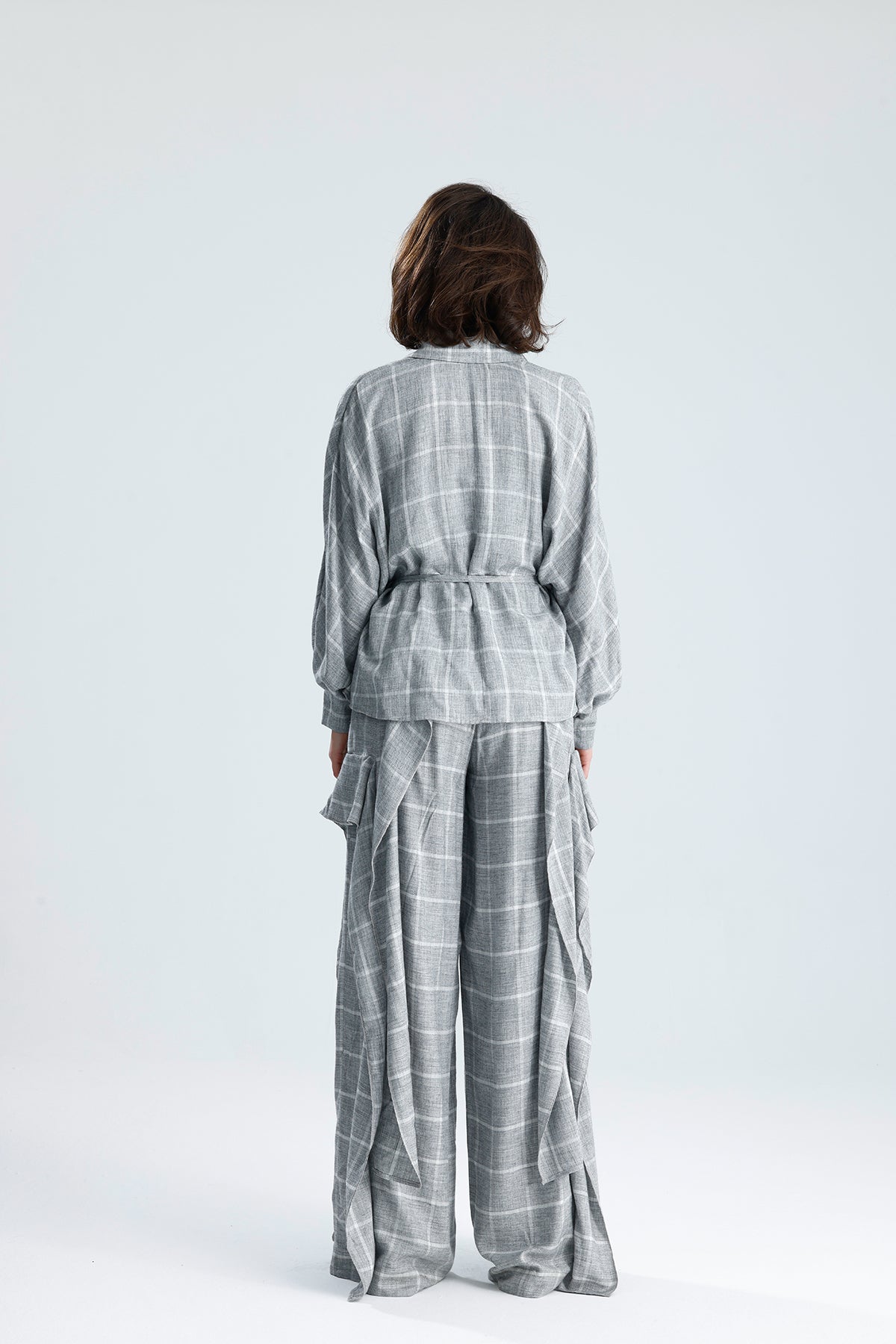 Gray Checked Wrap Blouse