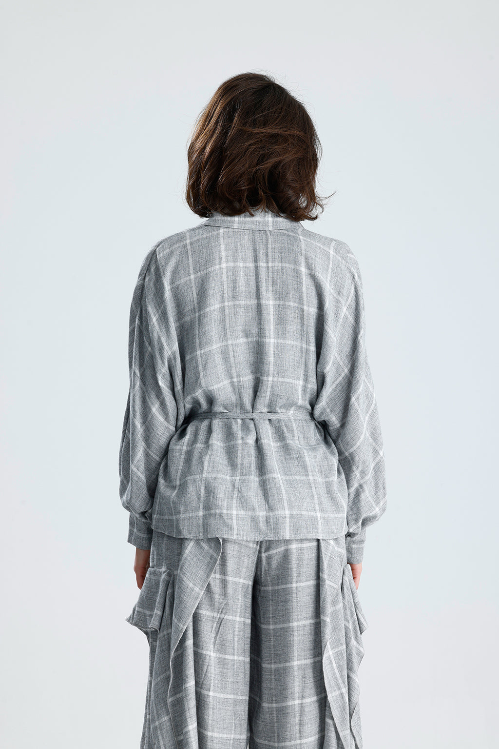 Gray Checked Wrap Blouse