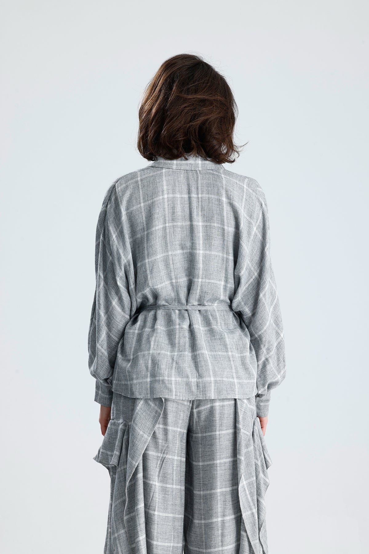 Gray Checked Wrap Blouse