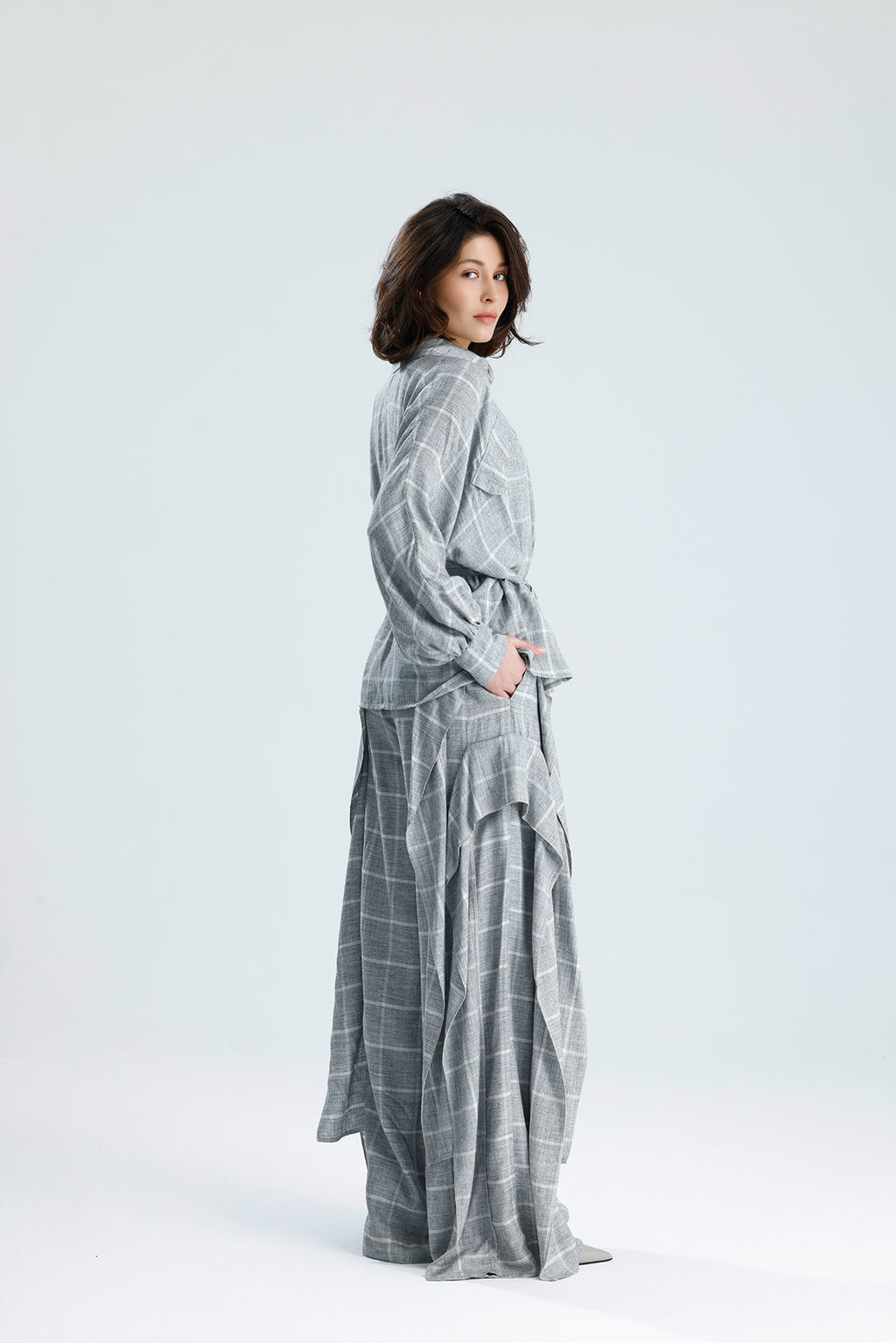 Gray Checked Wrap Blouse