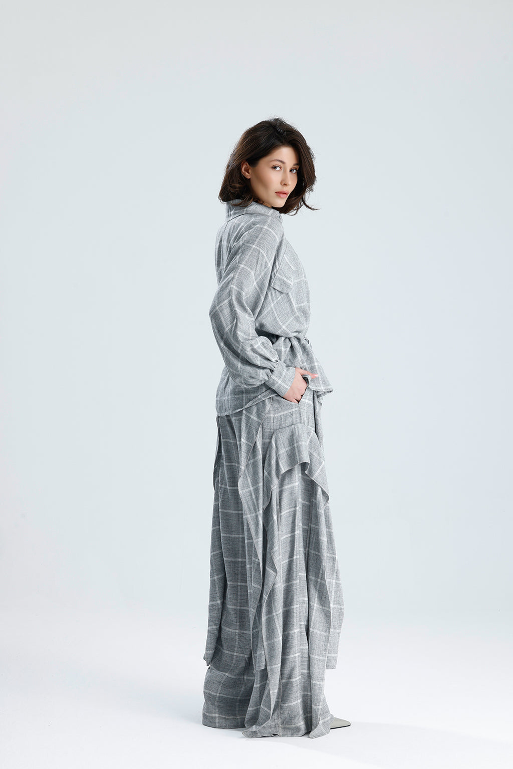 Gray Checked Wrap Blouse