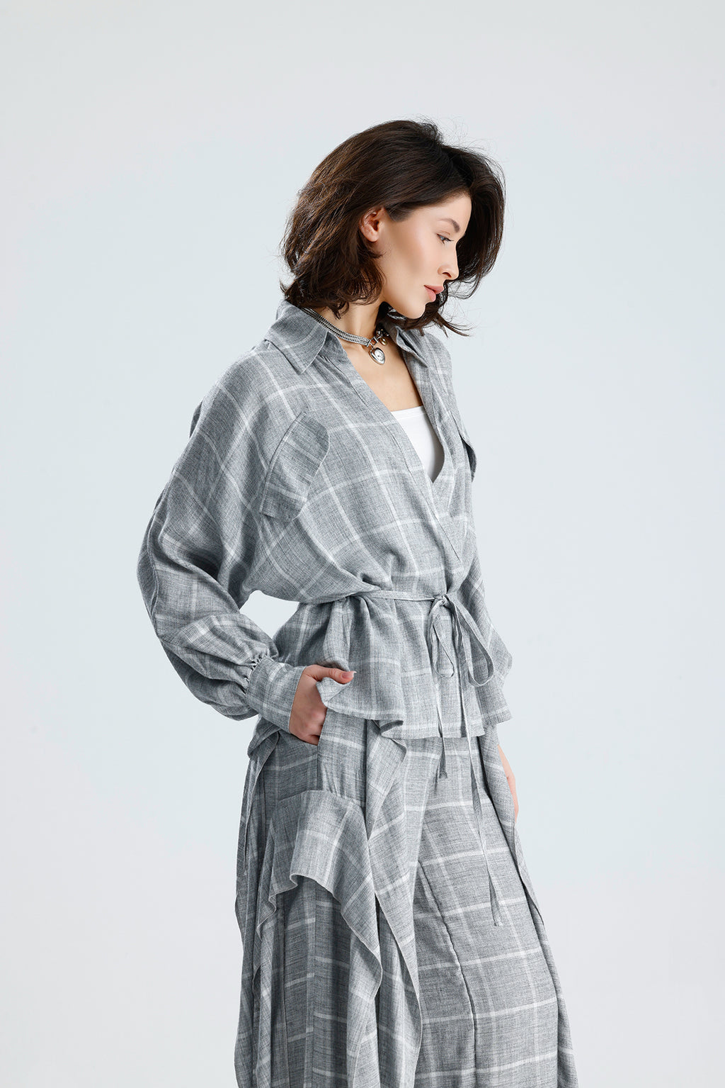 Gray Checked Wrap Blouse