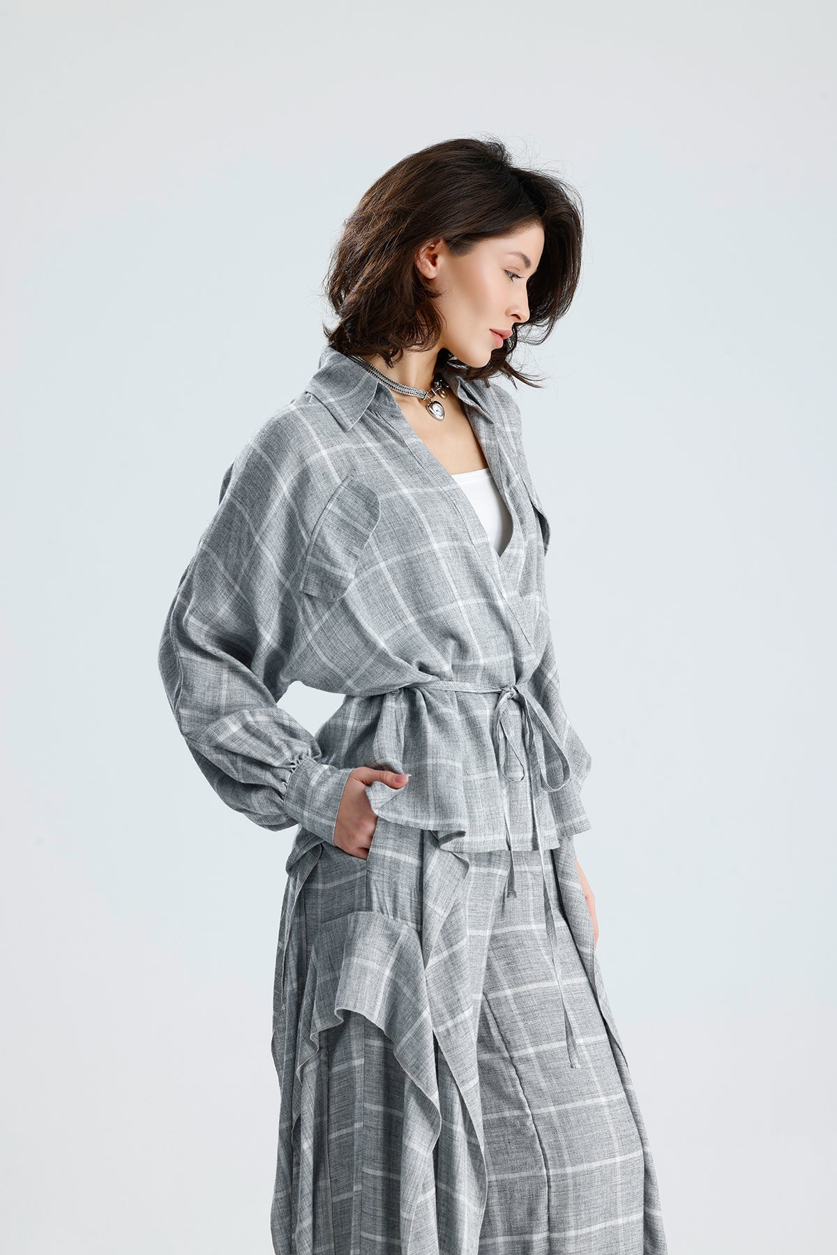 Gray Checked Wrap Blouse