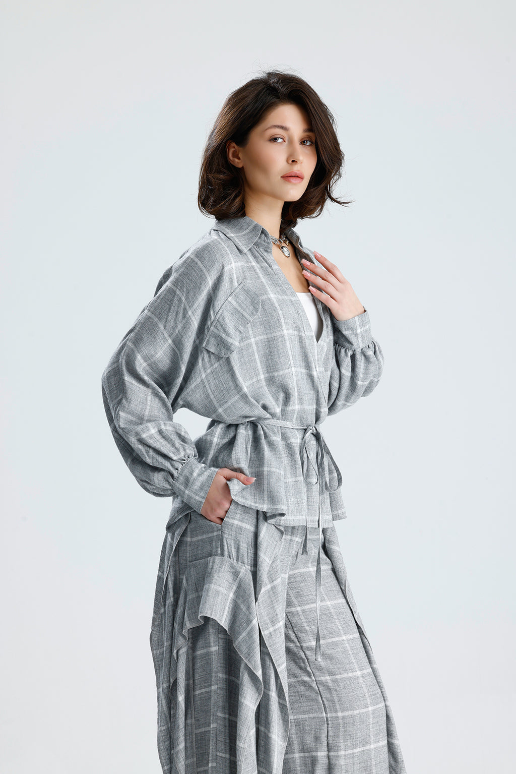 Gray Checked Wrap Blouse