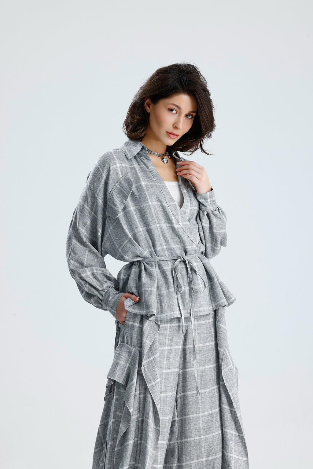 Gray Checked Wrap Blouse