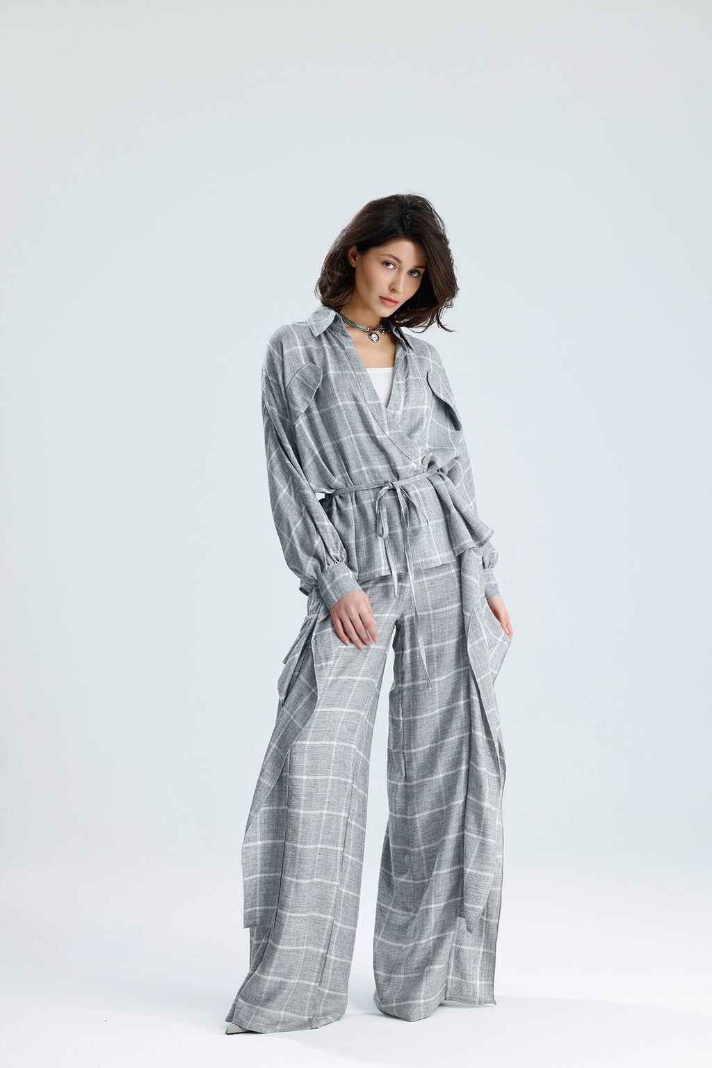 Gray Checked Wrap Blouse