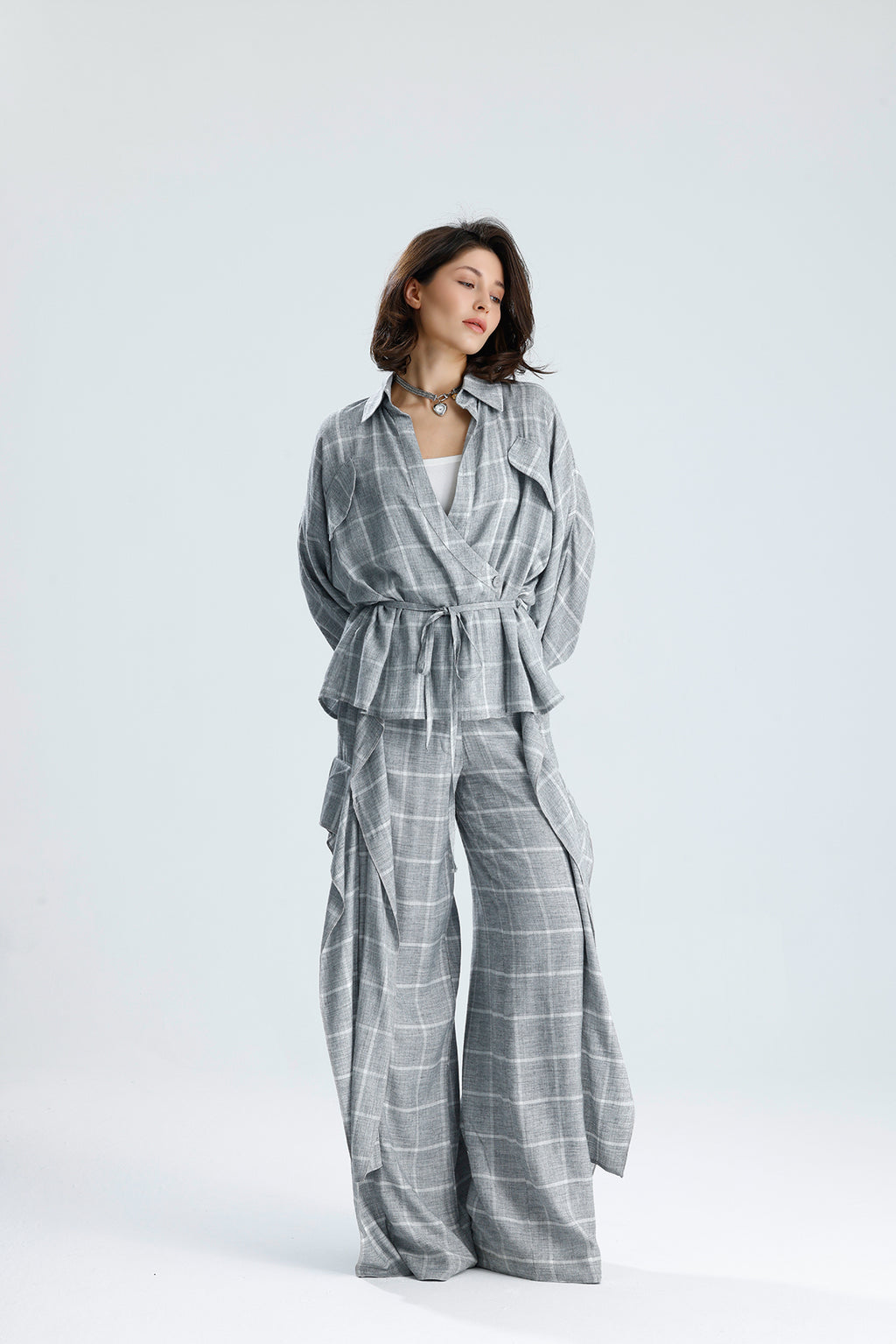 Gray Checked Wrap Blouse