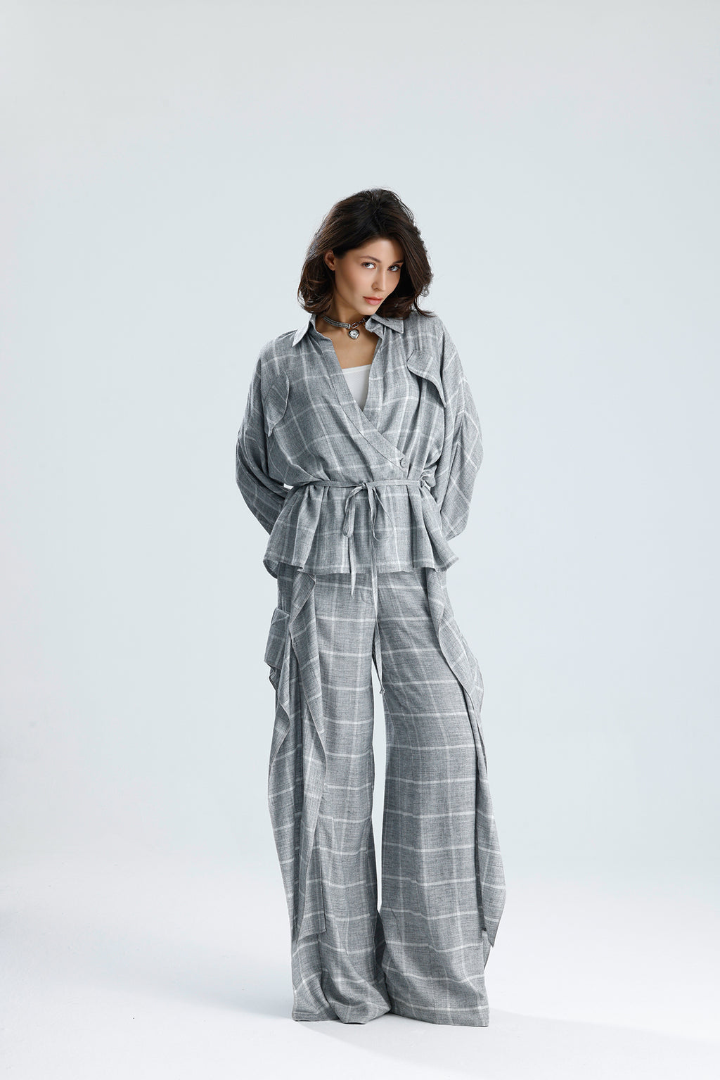 Gray Checked Wrap Blouse