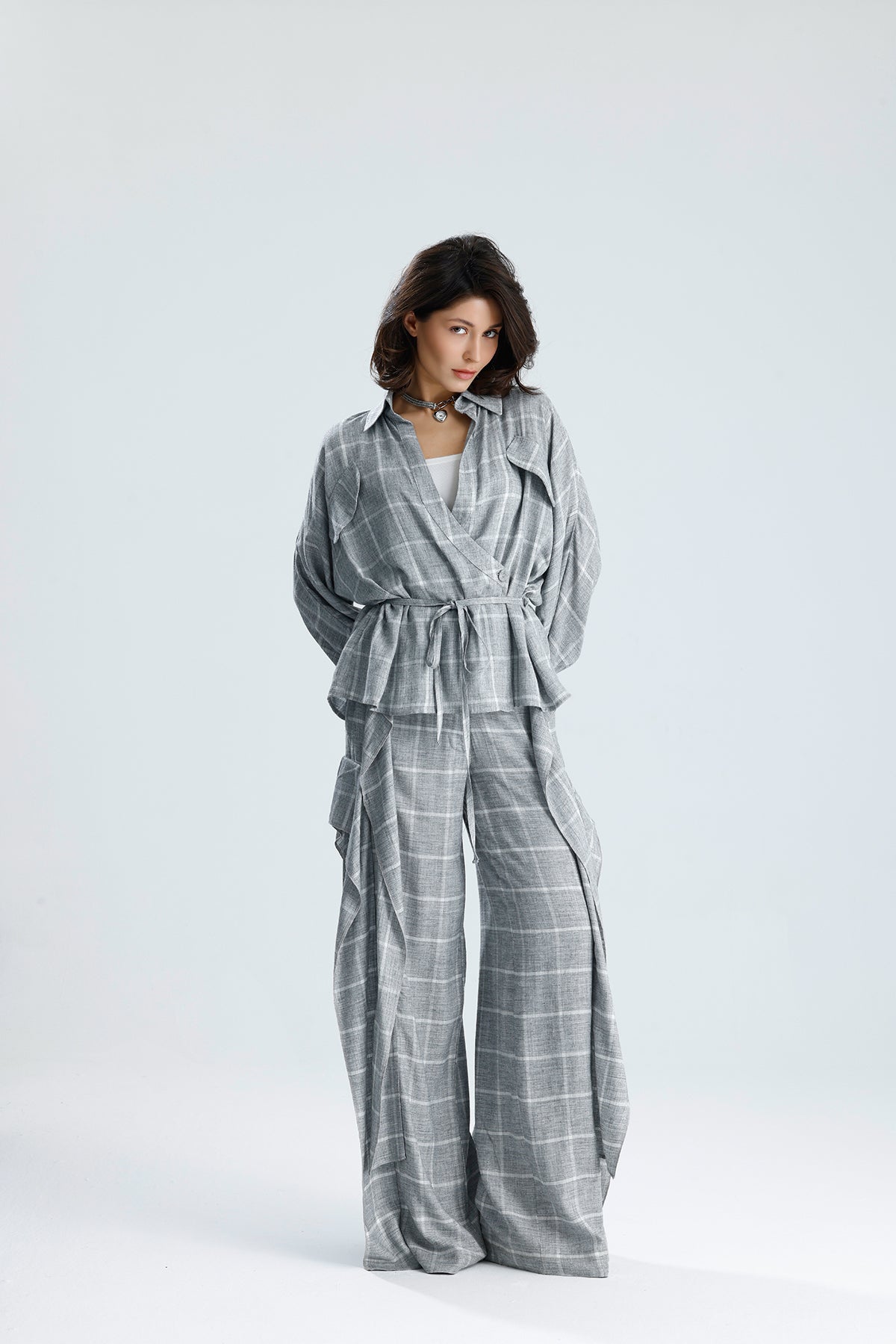 Gray Checked Wrap Blouse