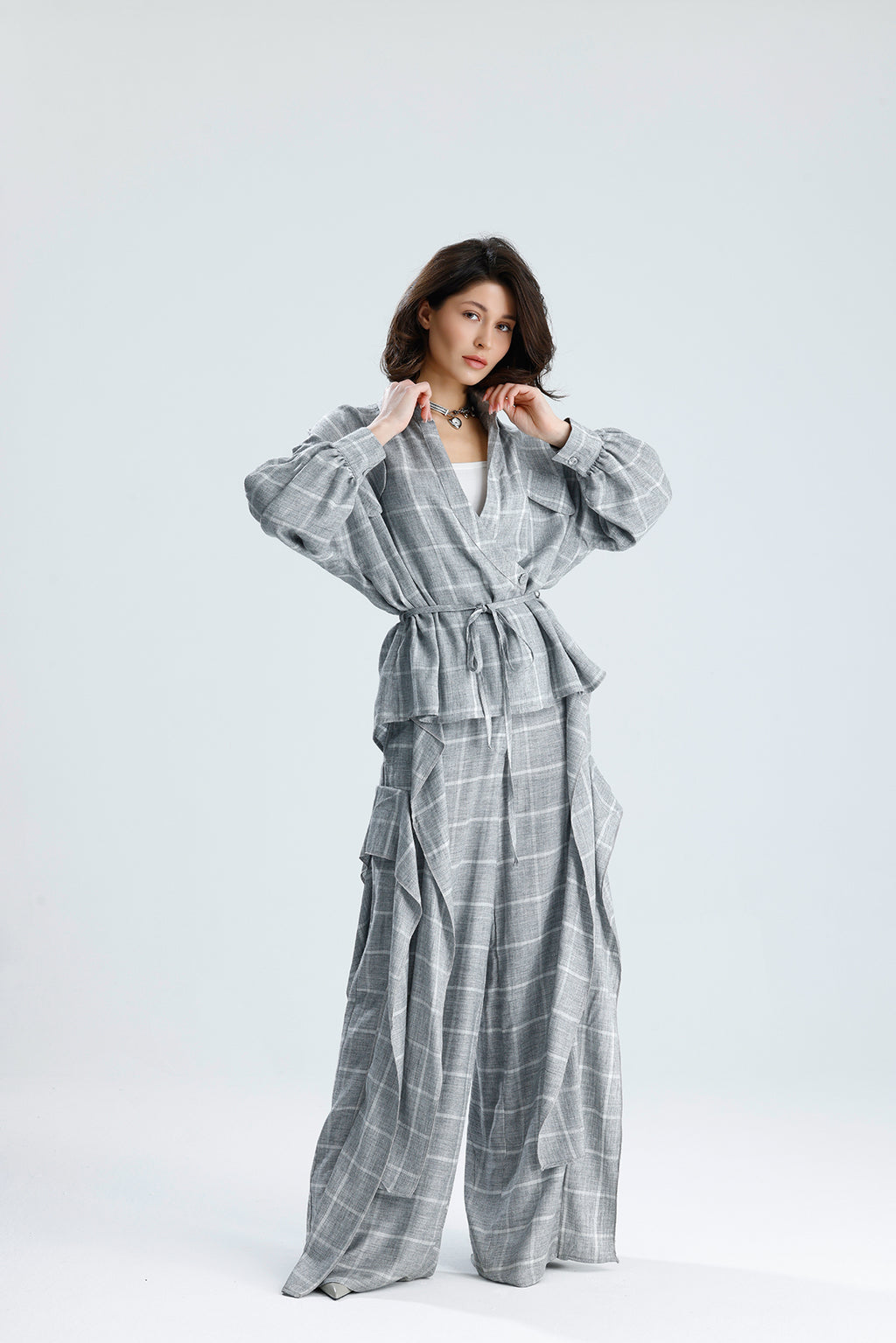 Gray Checked Wrap Blouse