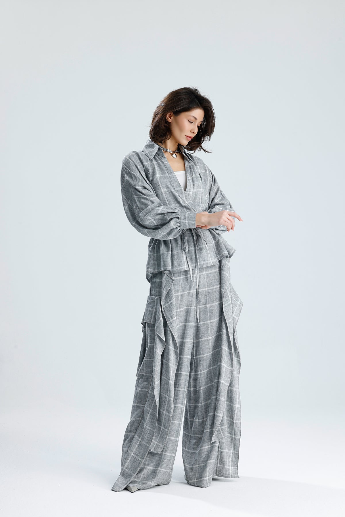 Gray Checked Wrap Blouse