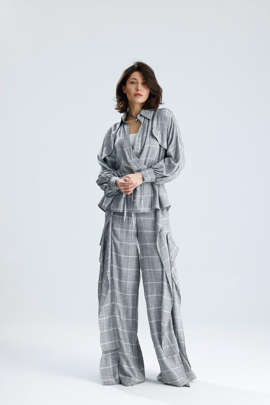 Gray Checked Wrap Blouse