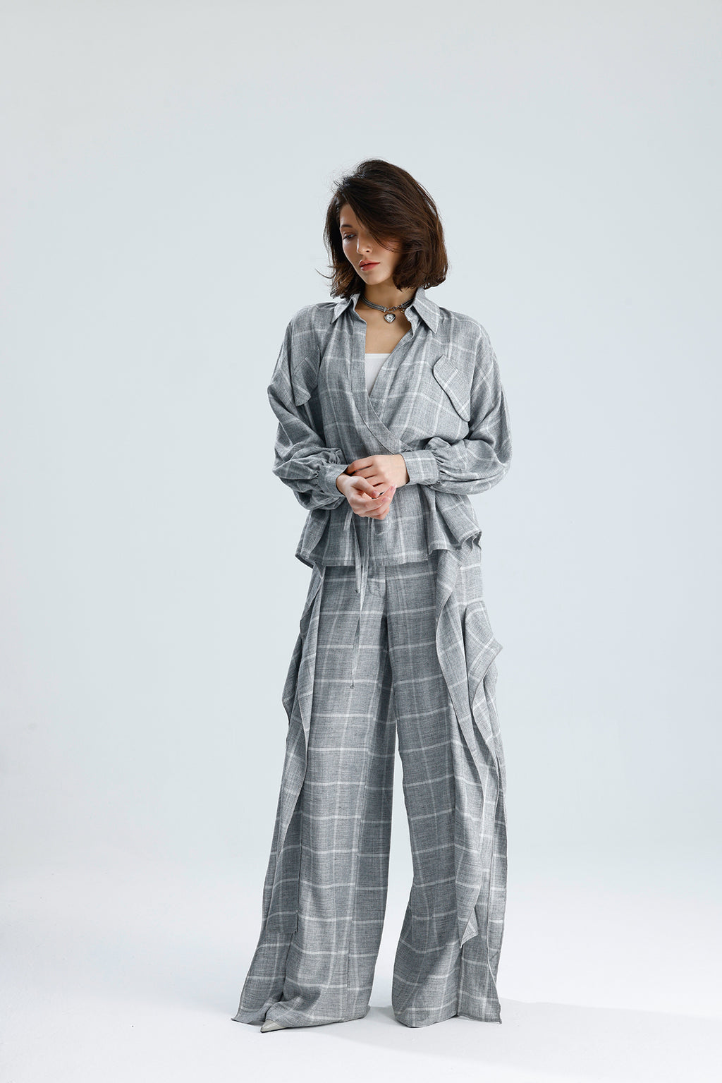 Gray Checked Wrap Blouse