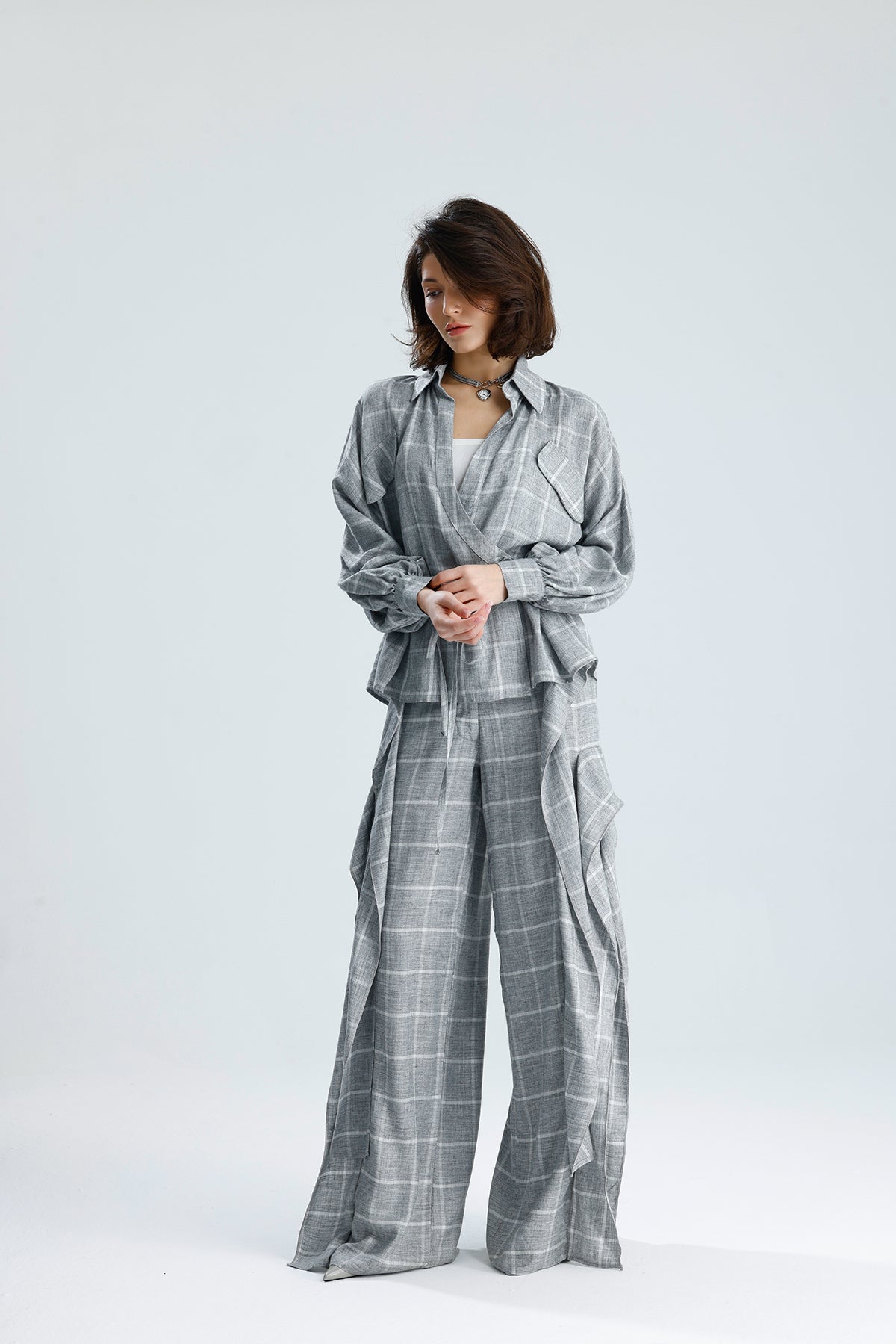 Gray Checked Wrap Blouse