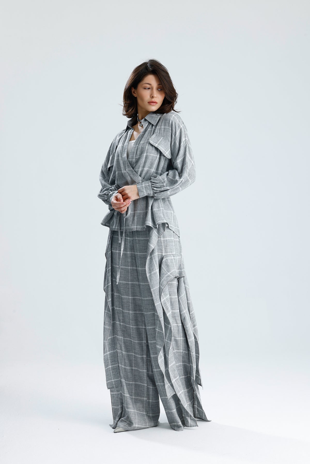 Gray Checked Wrap Blouse