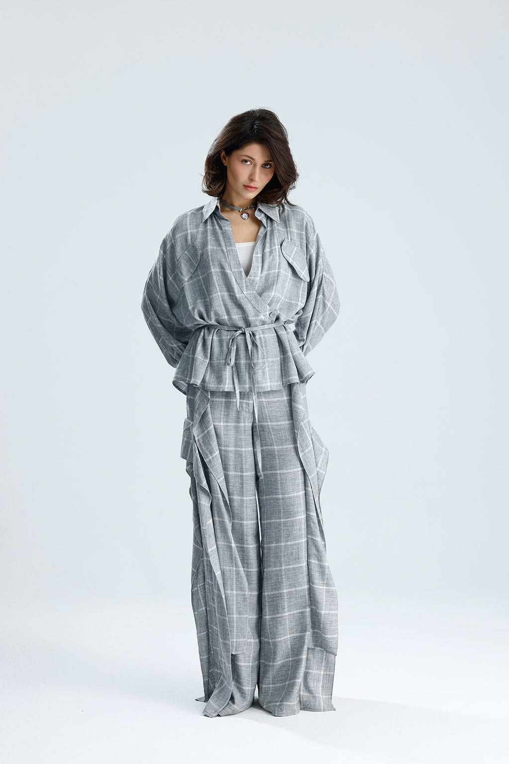Gray Checked Wrap Blouse