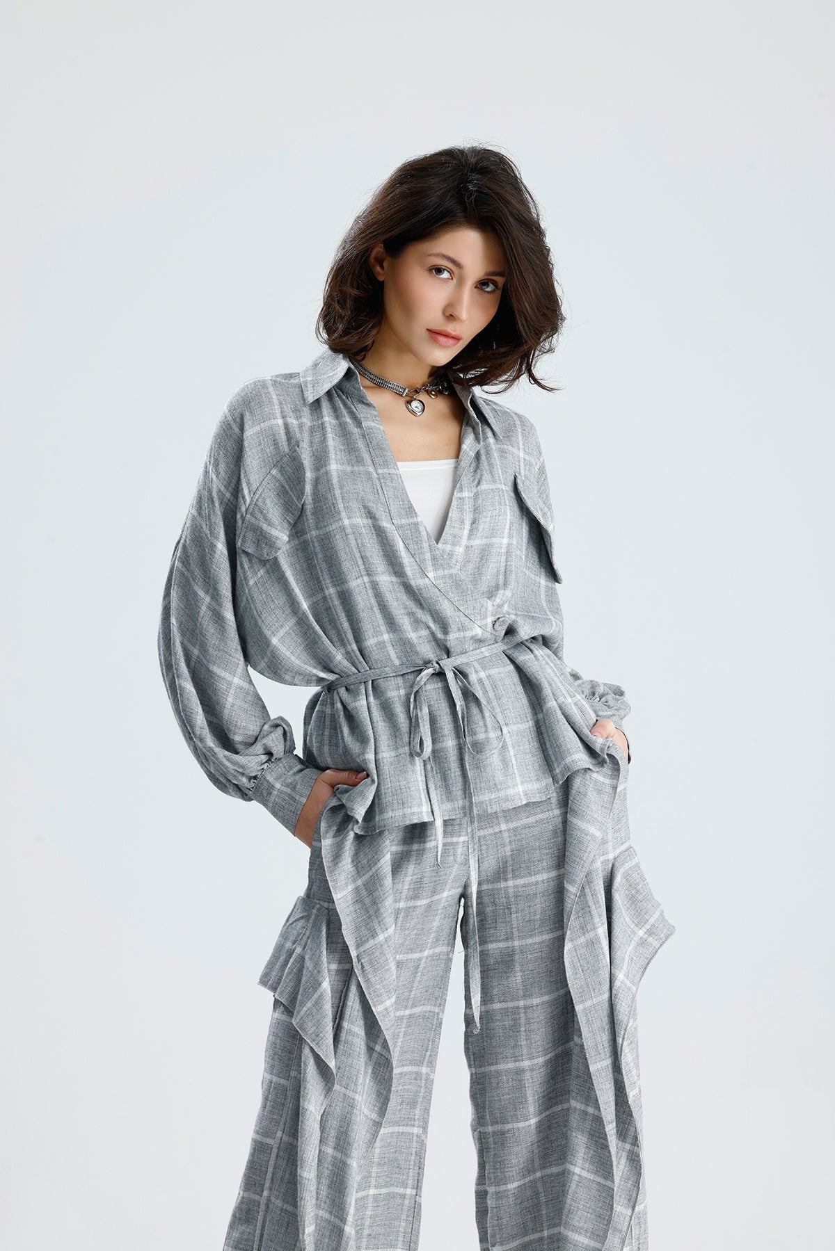 Gray Checked Wrap Blouse