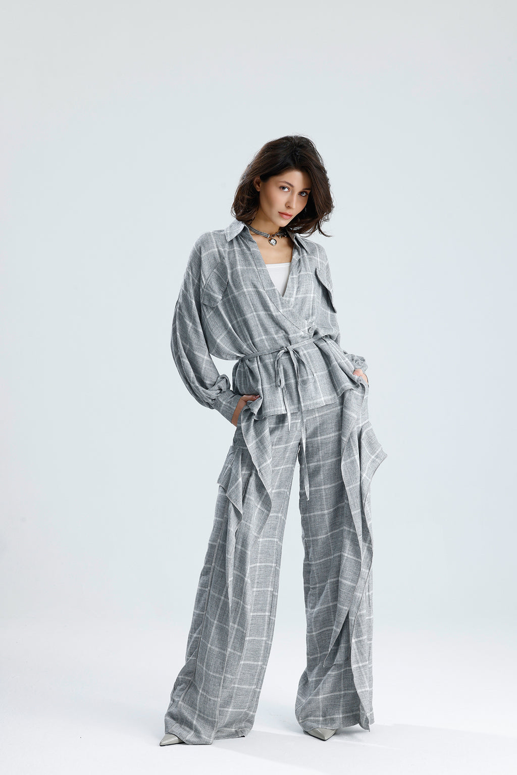 Gray Checked Wrap Blouse