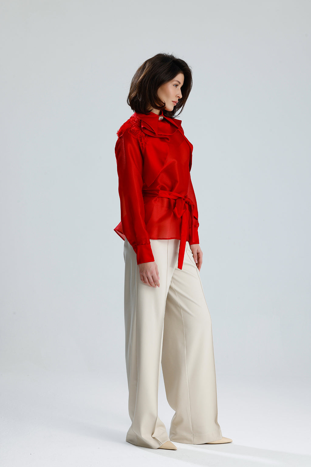 Red Floral Embellished Sheer Blouse