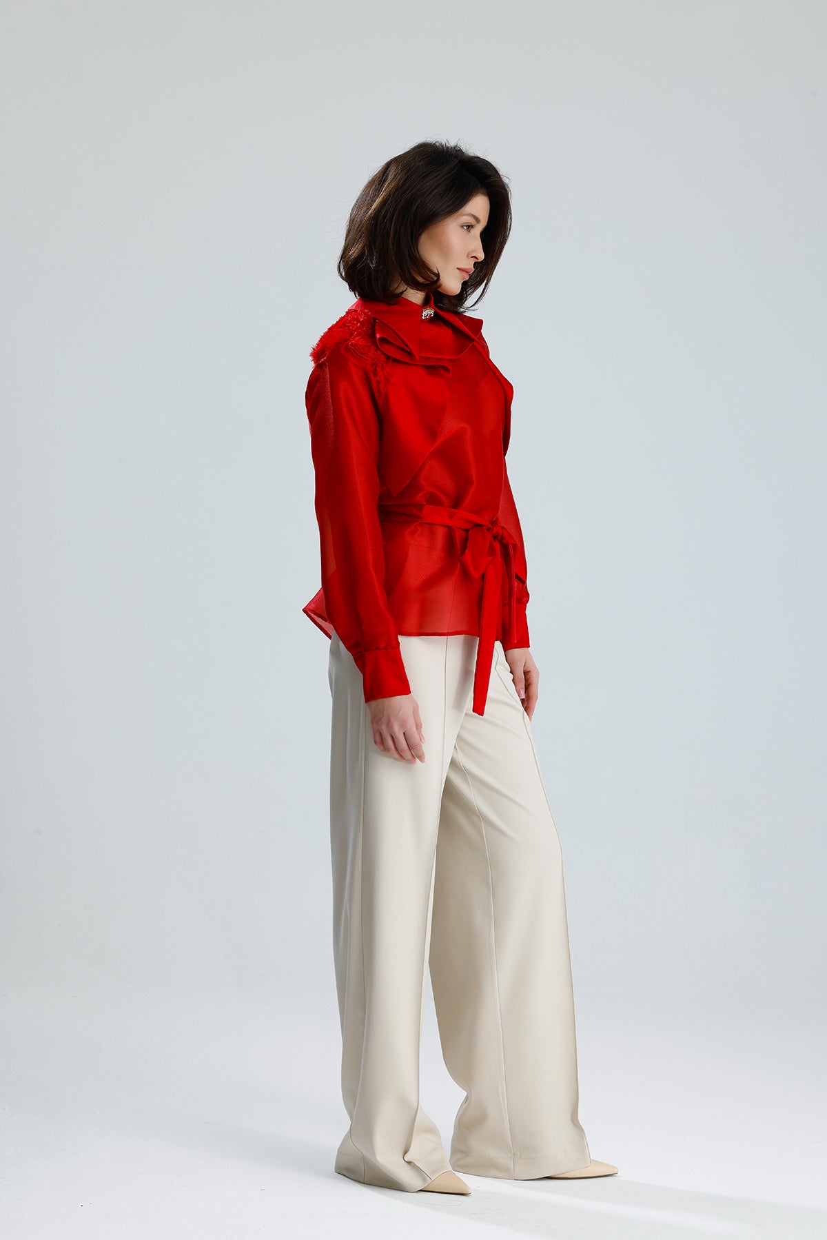 Red Floral Embellished Sheer Blouse