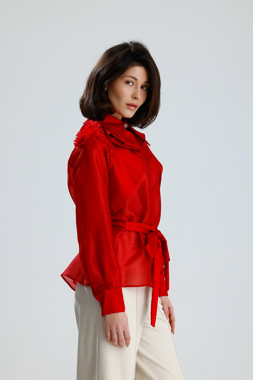 Red Floral Embellished Sheer Blouse
