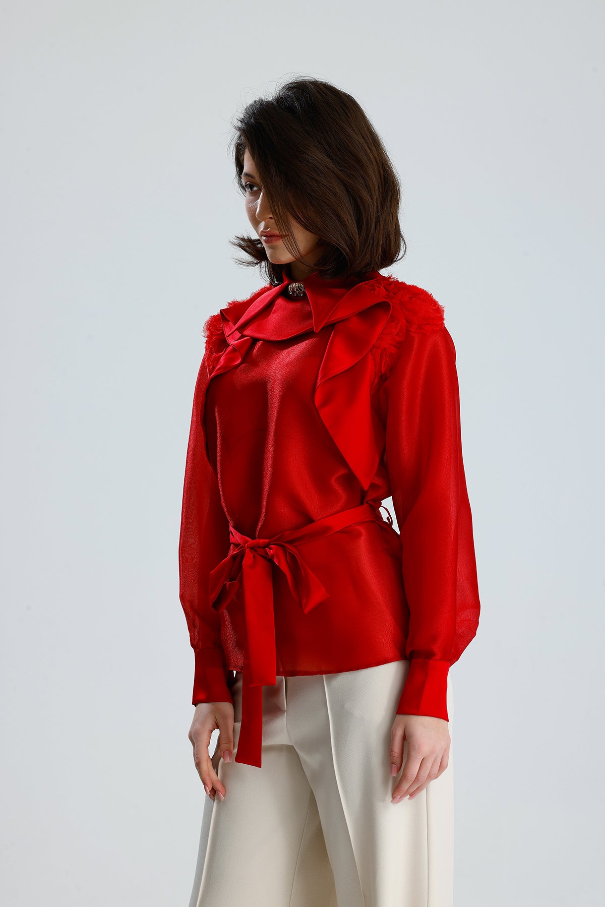 Red Floral Embellished Sheer Blouse