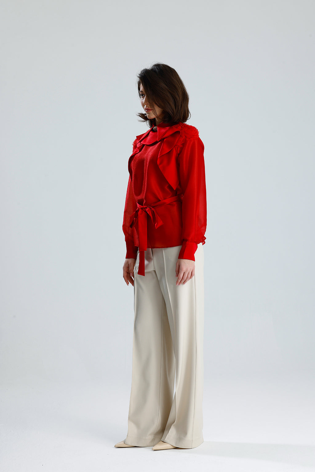 Red Floral Embellished Sheer Blouse