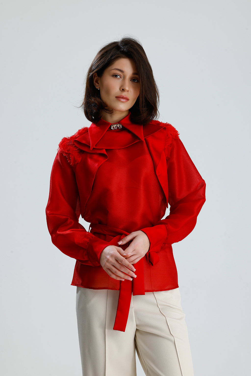 Red Floral Embellished Sheer Blouse