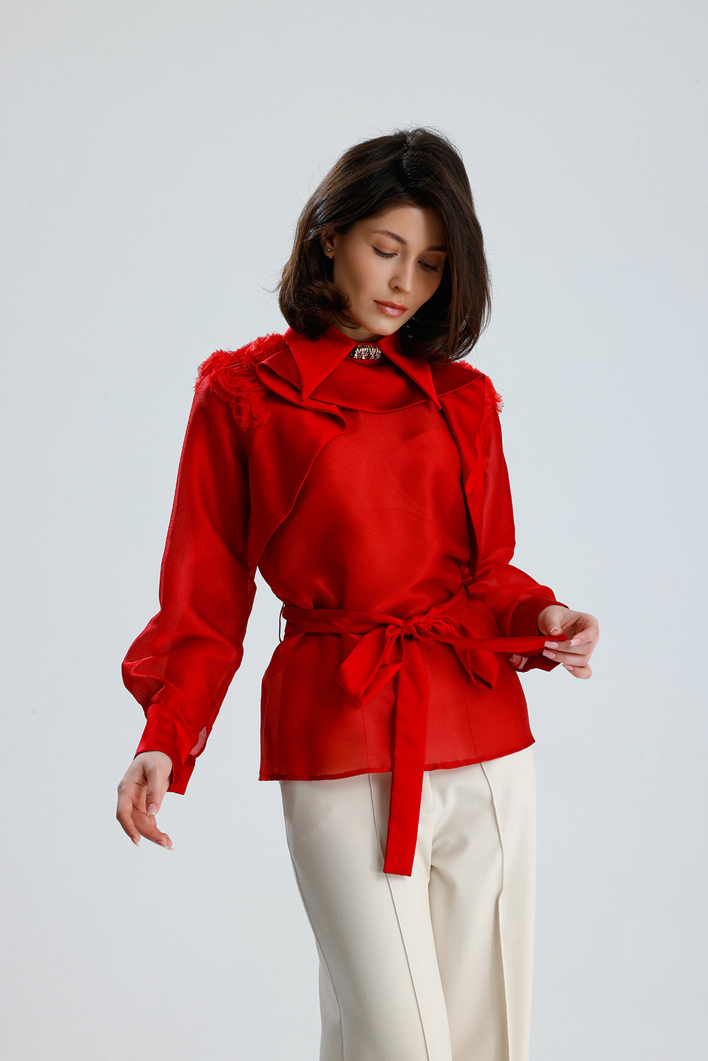 Red Floral Embellished Sheer Blouse