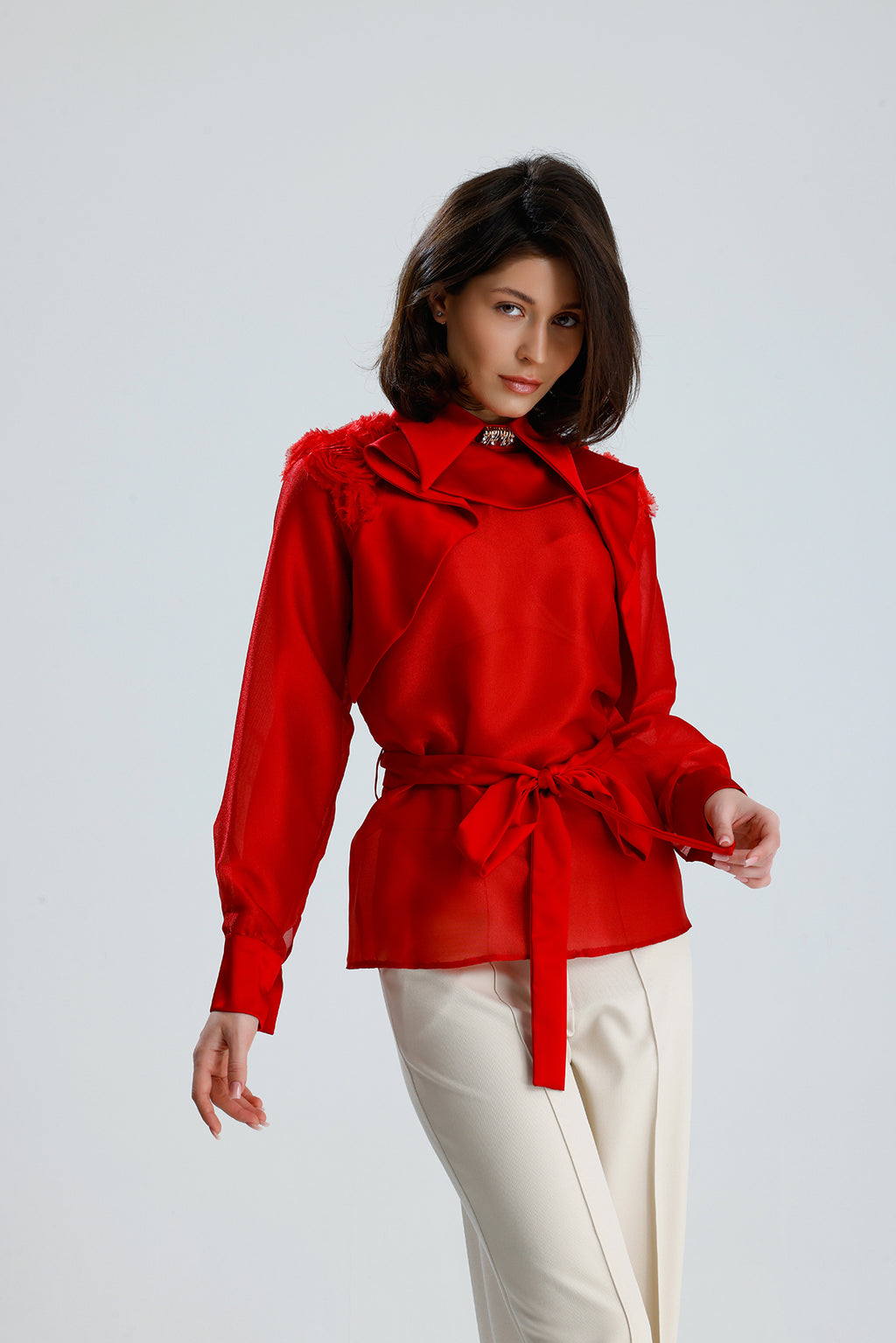 Red Floral Embellished Sheer Blouse