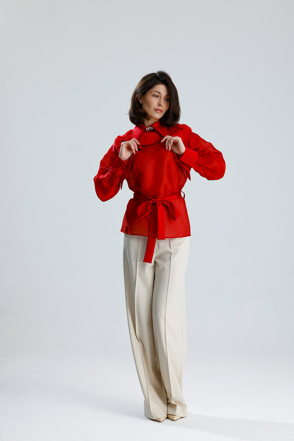 Red Floral Embellished Sheer Blouse