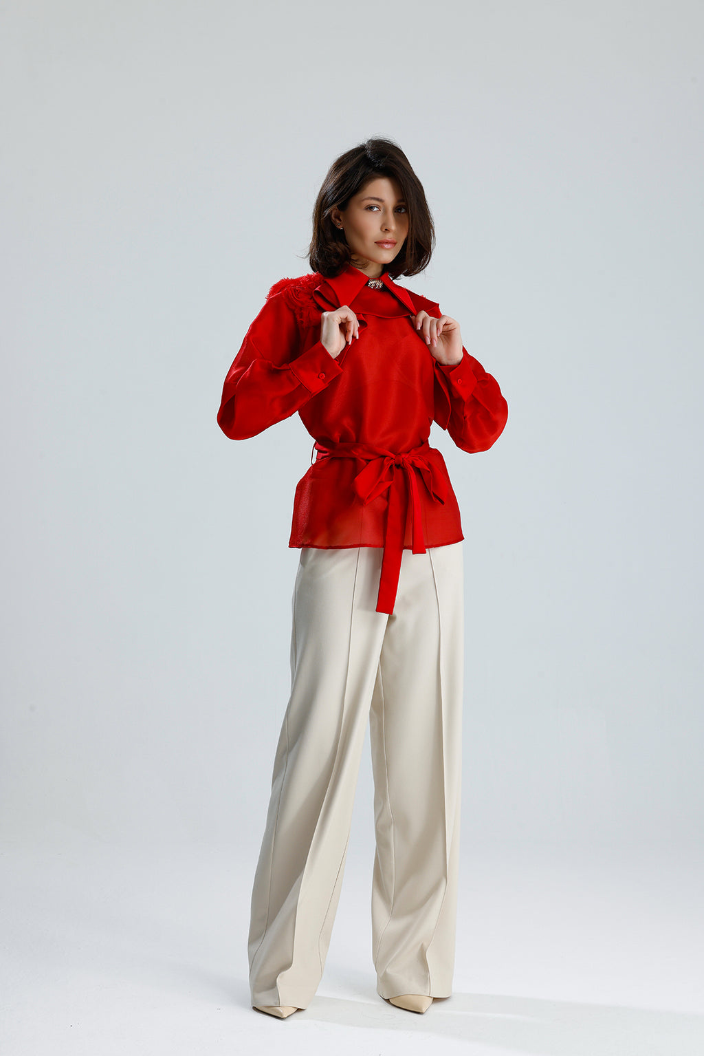 Red Floral Embellished Sheer Blouse