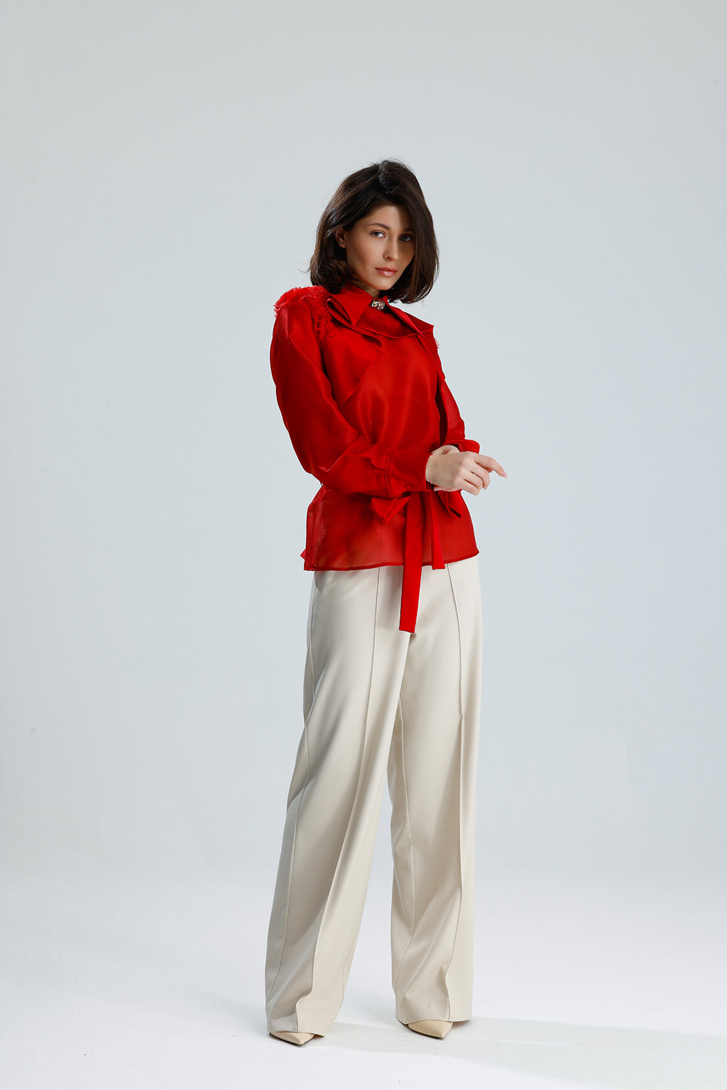 Red Floral Embellished Sheer Blouse