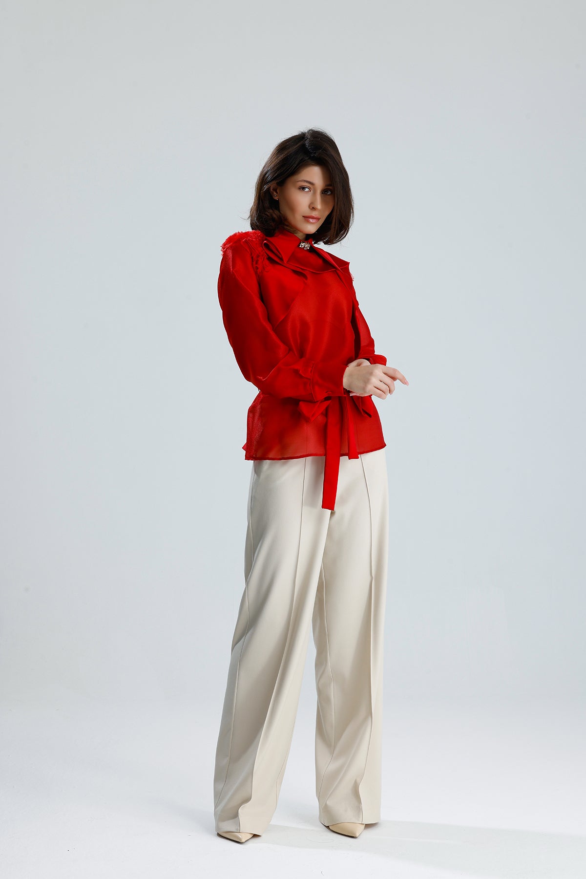 Red Floral Embellished Sheer Blouse