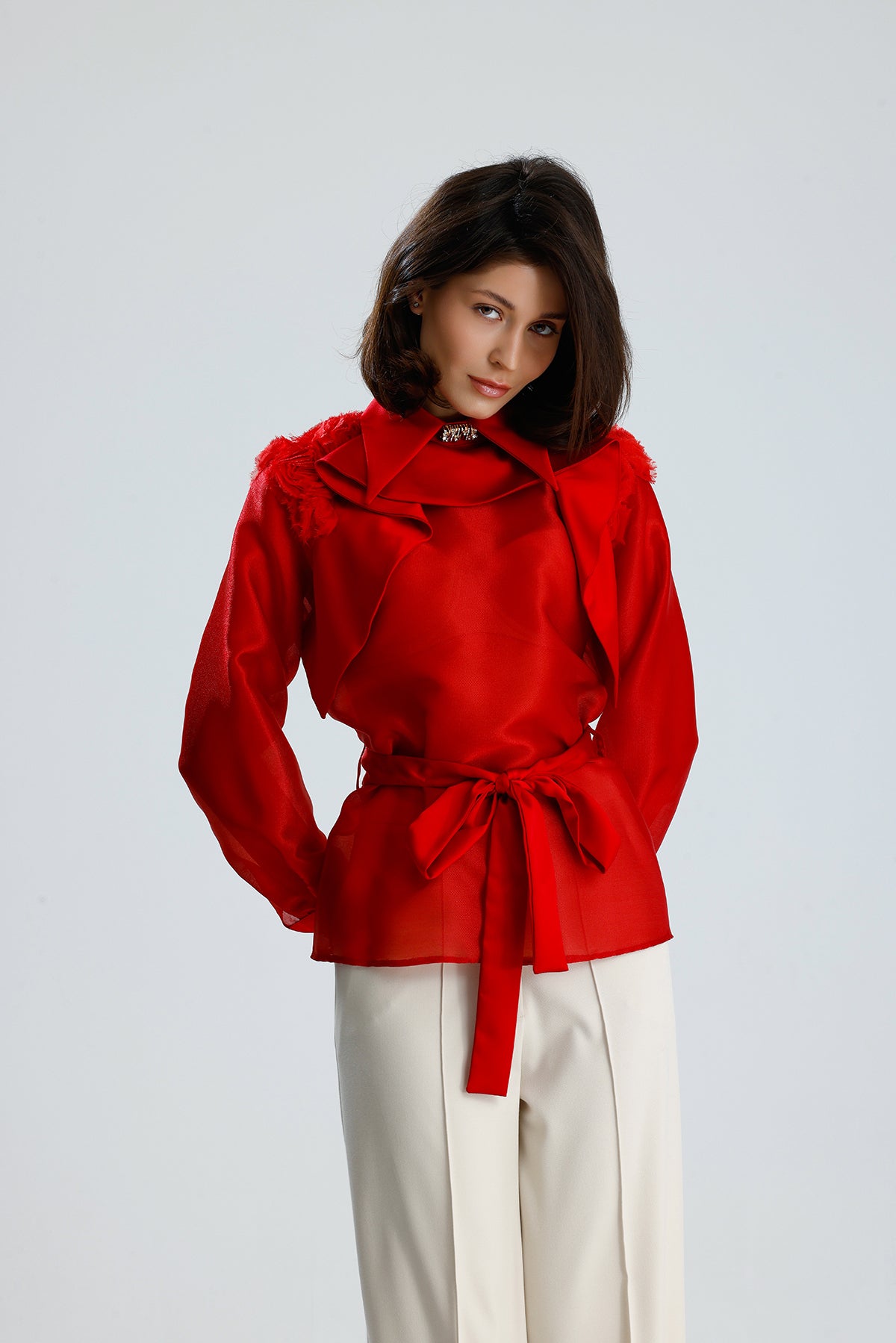 Red Floral Embellished Sheer Blouse