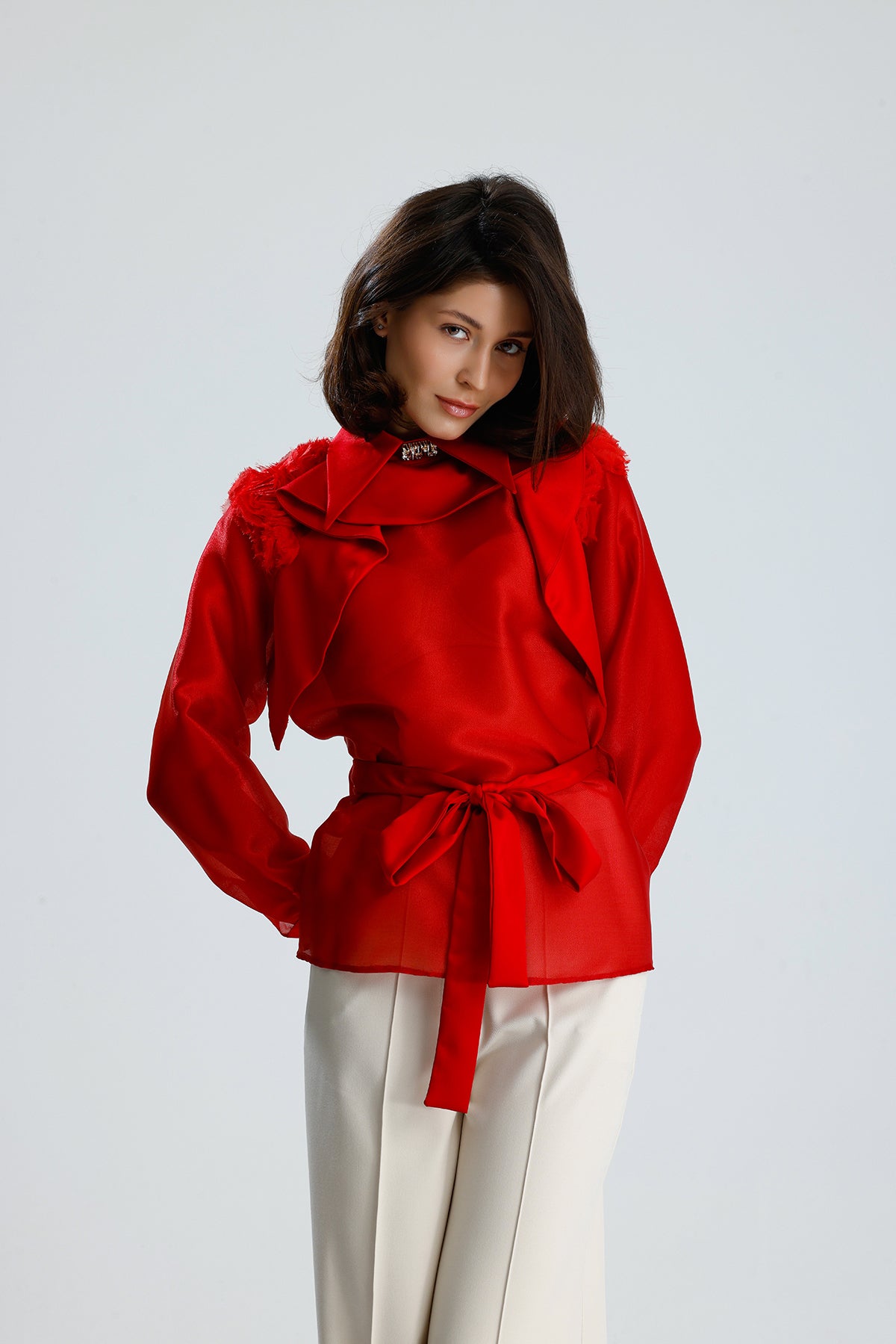 Red Floral Embellished Sheer Blouse