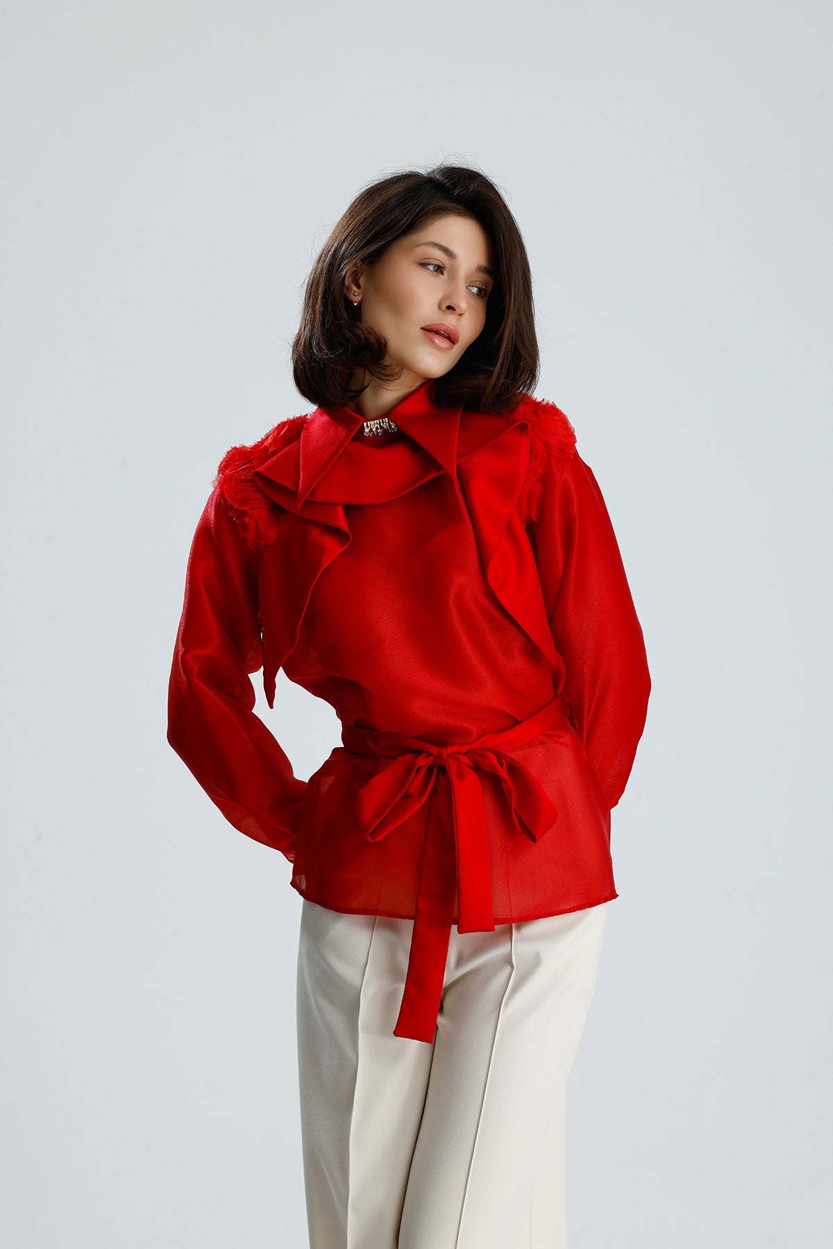 Red Floral Embellished Sheer Blouse