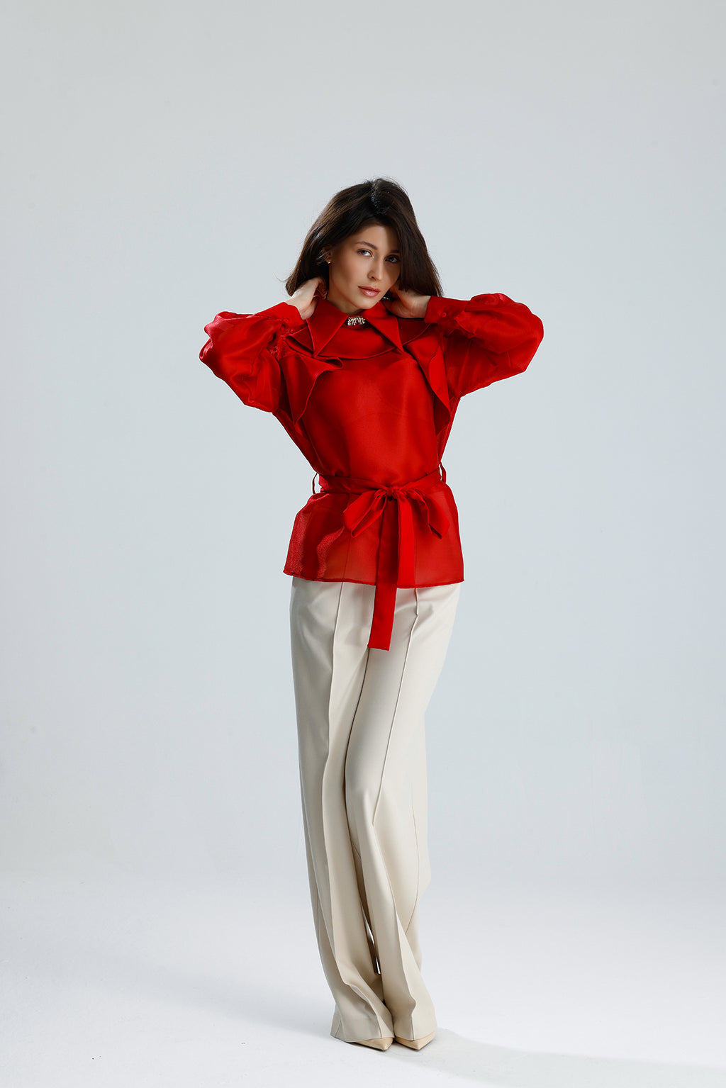 Red Floral Embellished Sheer Blouse