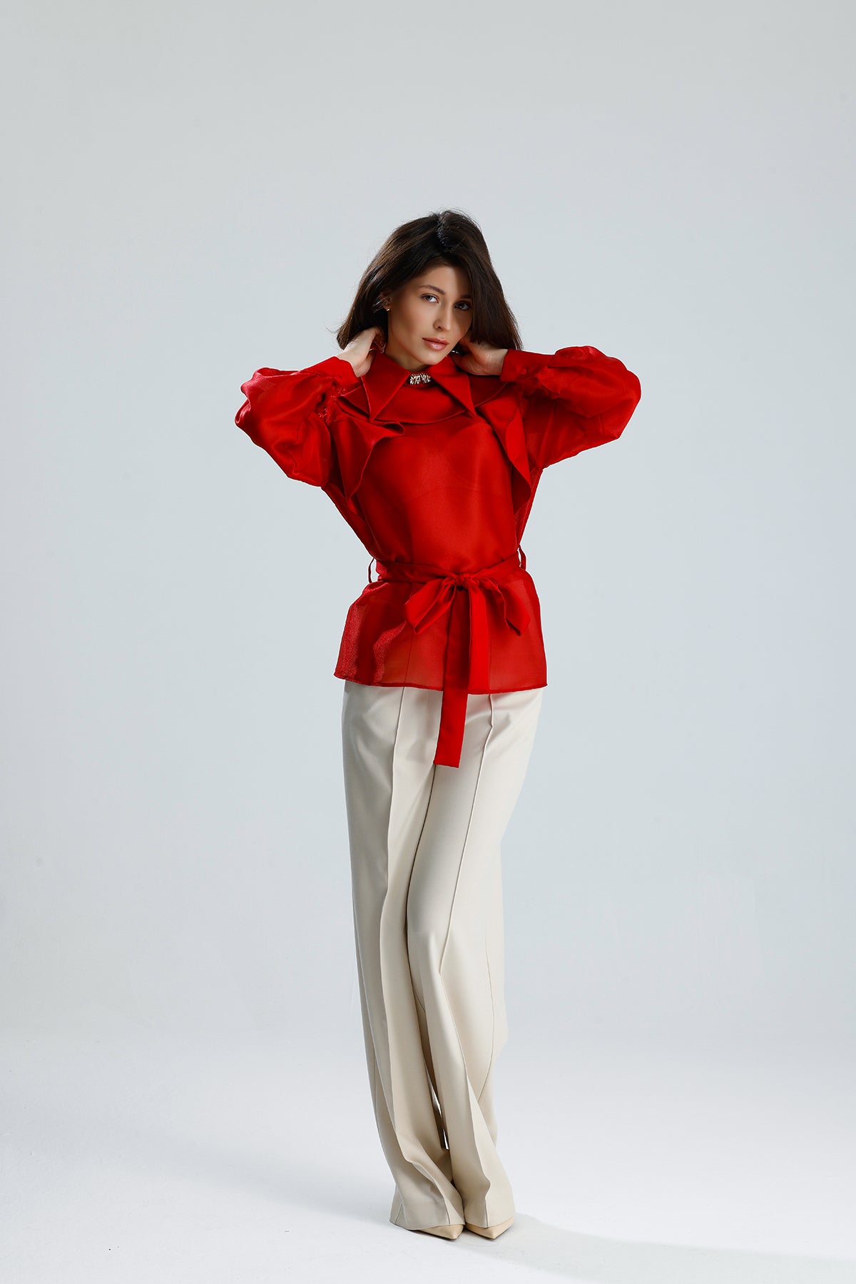 Red Floral Embellished Sheer Blouse
