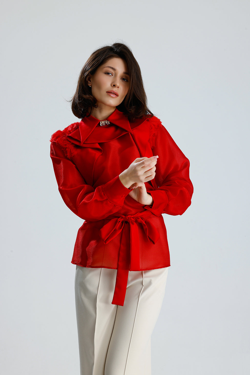 Red Floral Embellished Sheer Blouse